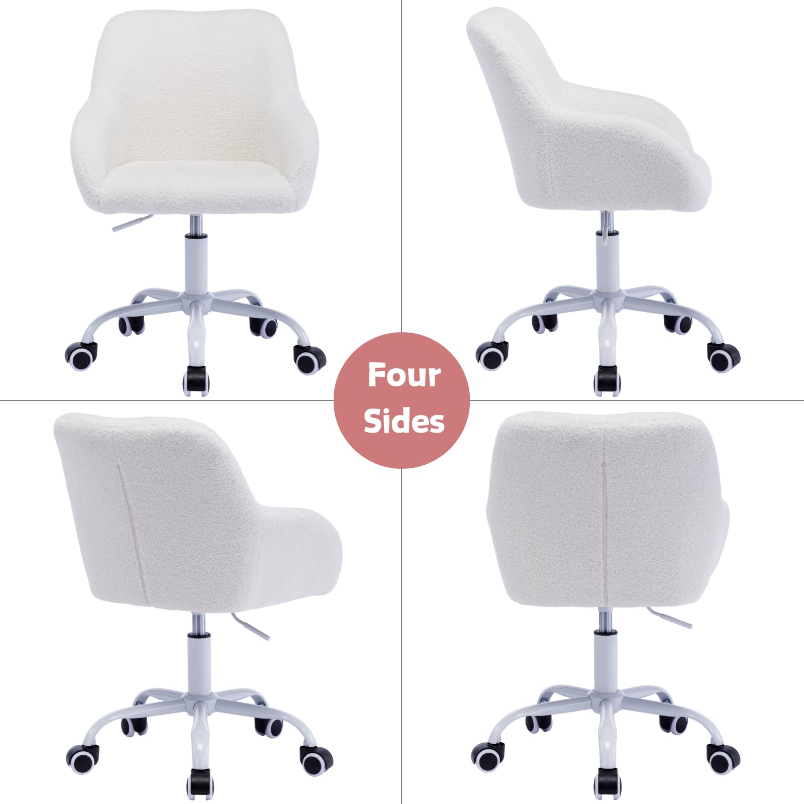 LukeAlon Adjustable Kids Desk Chair - Ergonomic Swivel Study Chair with Sherpa Upholstery & Arms for Children, Girls & Boys - Perfect for Reading, Homework & Computer Use - White