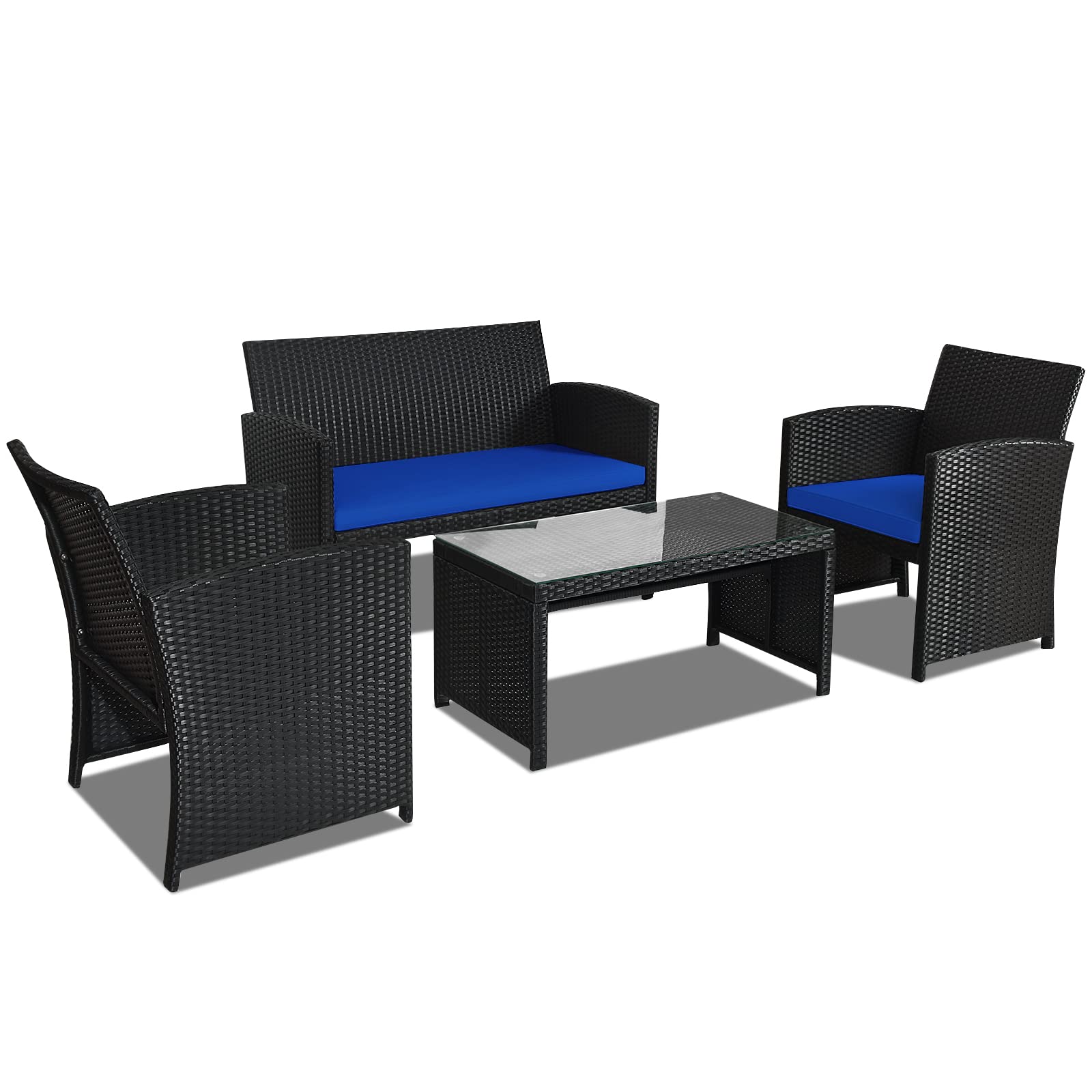 Goplus 4-Piece Rattan Patio Furniture Set - Outdoor Wicker Conversation Sofa with Cushions & Tempered Glass Coffee Table - Blue Patio Set for Garden, Backyard, Balcony, Poolside & Outdoor Relaxation