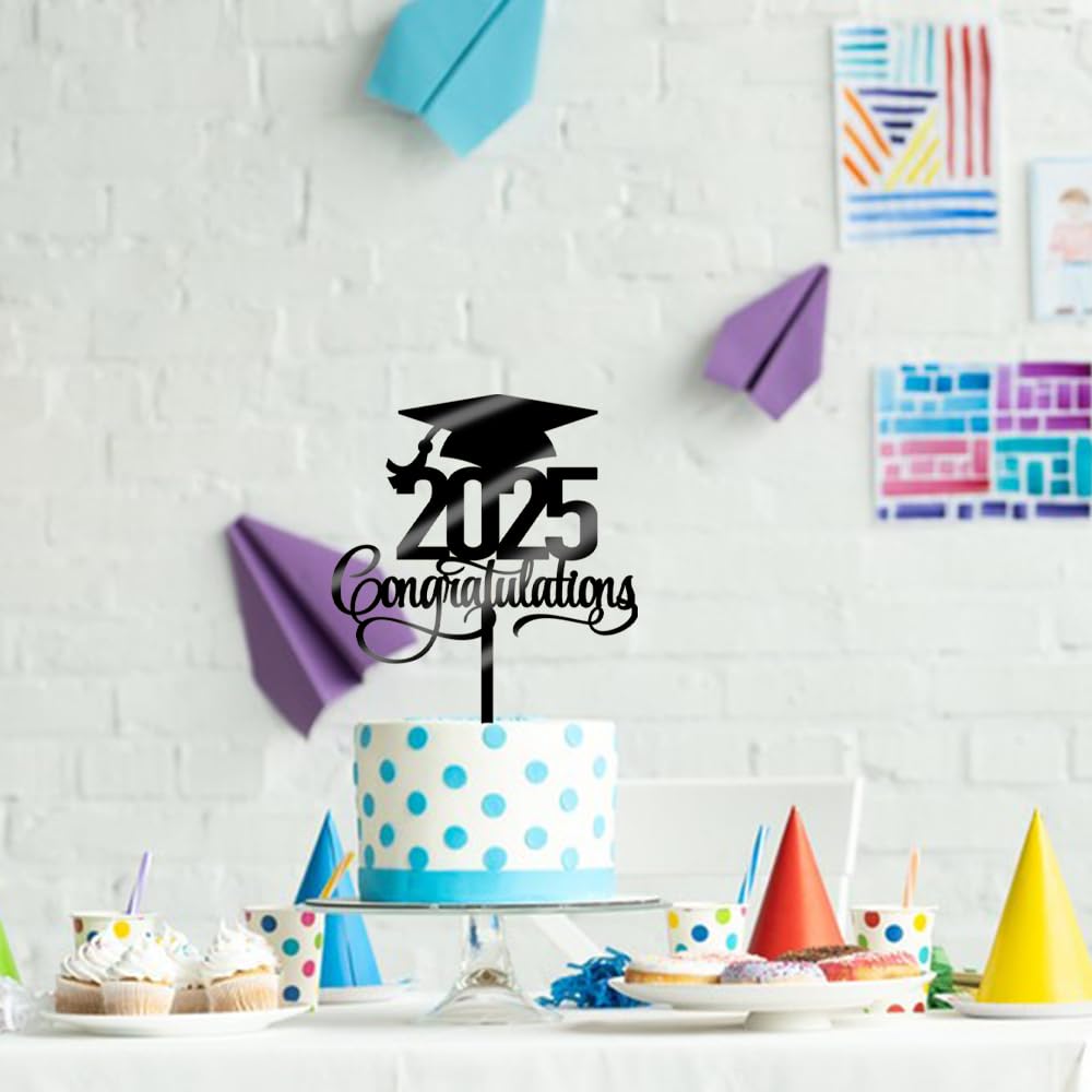 2025 Graduation Cake Topper - Acrylic Black Congratulations Grad Decor for High School & College Graduation Parties - Perfect for Graduation Cakes, Cupcakes & Dessert Tables - Class of 2025 Graduation Decorations