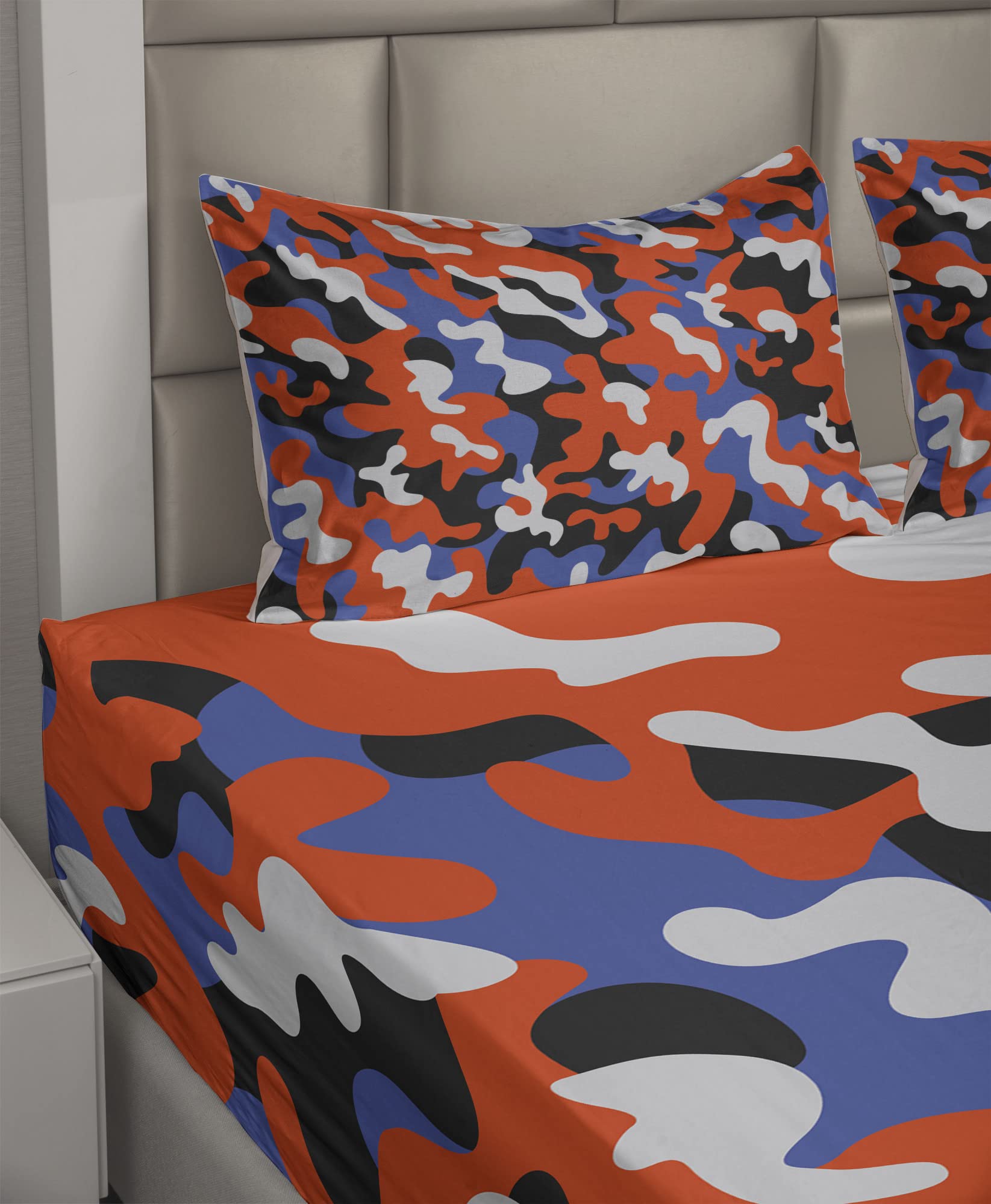 Ambesonne Camouflage Sheet Set - Abstract Paint Splashes Modern Art 4-Piece Bedding Set (King Size) in Vibrant Violet Blue & Vermilion - Fitted Sheet, Flat Sheet & Pillowcases - Perfect for Contemporary Bedrooms, Guest Rooms & Artistic Home Decor