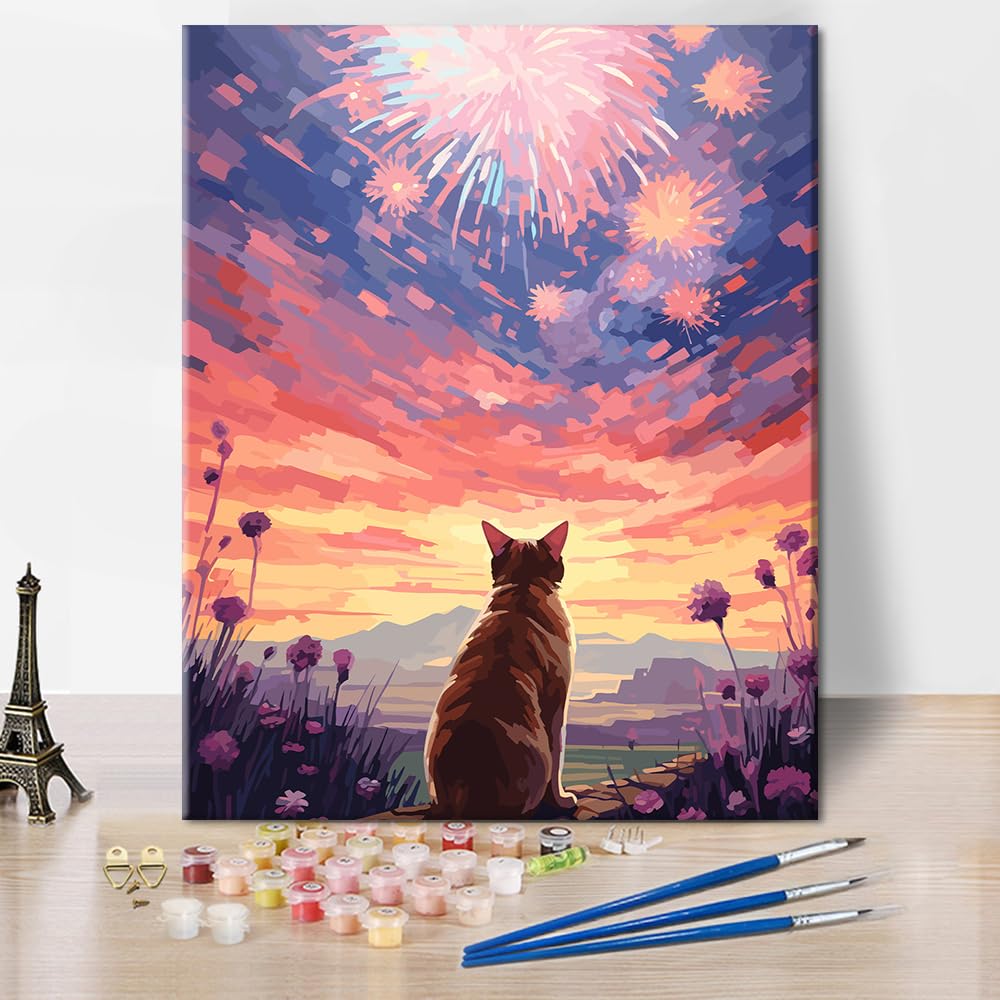 TUMOVO Paint by Numbers Kit for Adults & Kids - Cat, Fireworks, Starry Sky Canvas Painting (16x20 Inch, No Frame) - Perfect for Relaxation, Home Decor & Family Bonding Activities