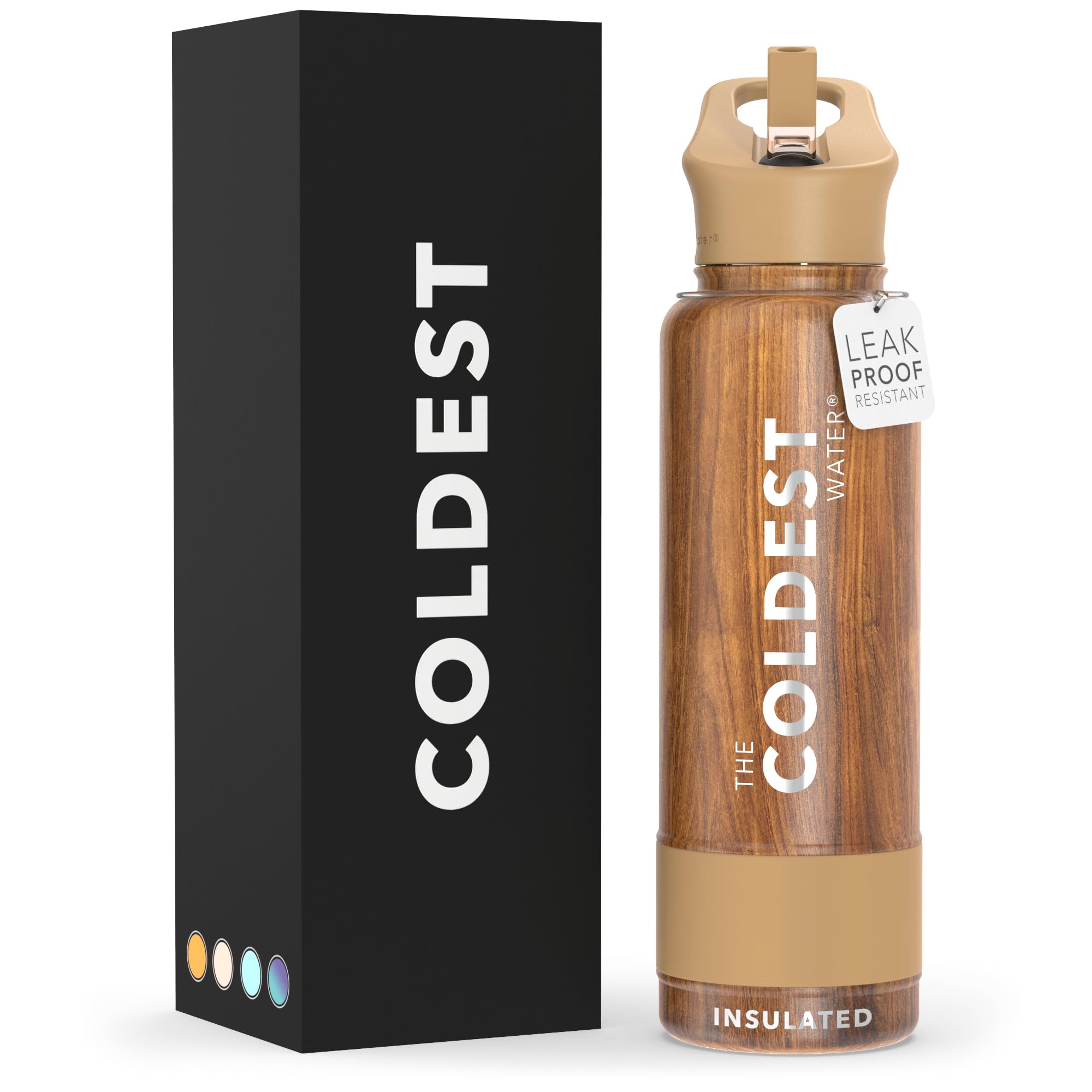 Coldest Sports Water Bottle with Straw Lid - 40oz Vacuum Insulated Stainless Steel Thermos - Leak Proof, Reusable Metal Flask for Gym, Hiking & Outdoor Activities (Executive Wood Finish)