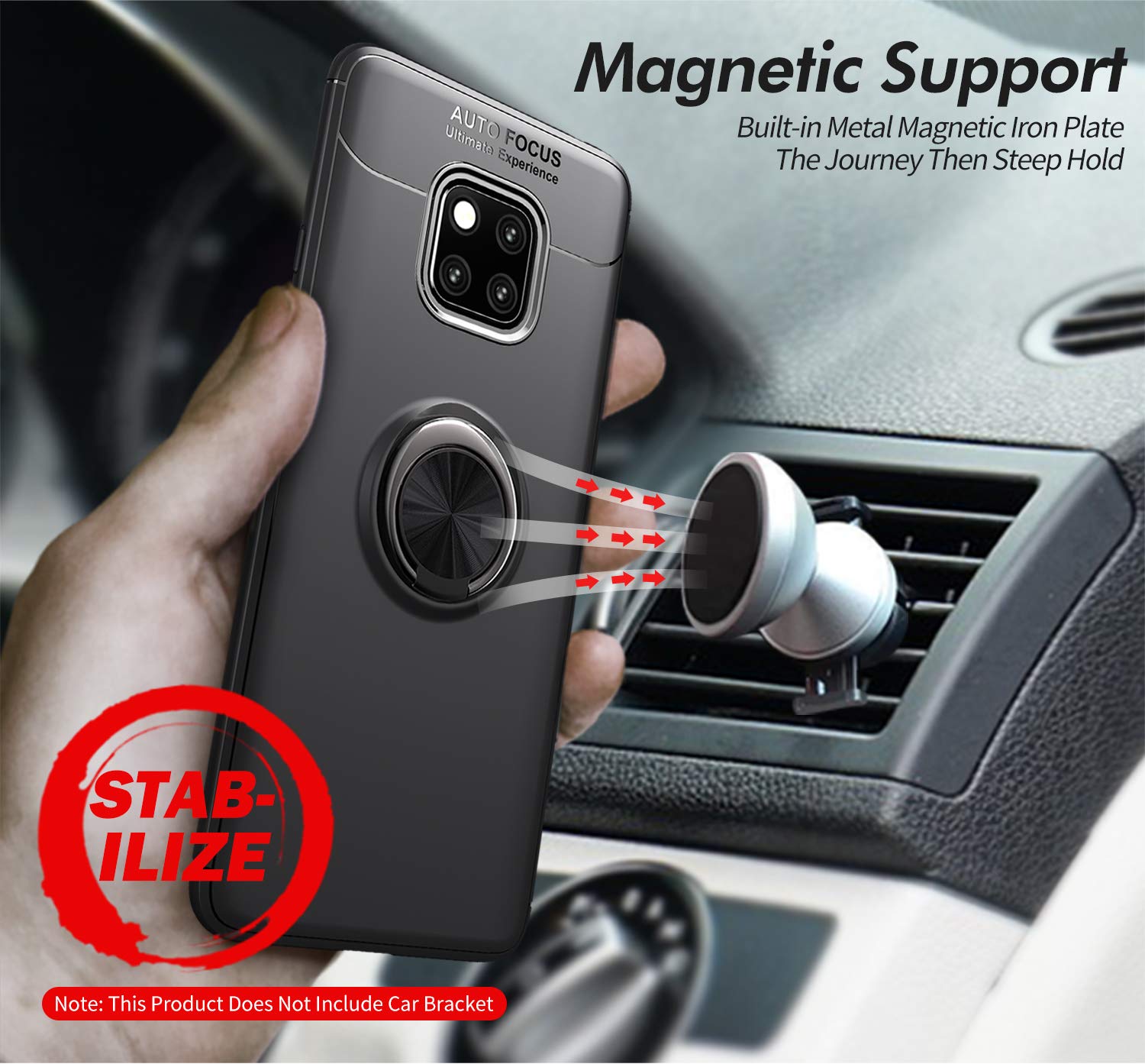 iCoverCase Compatible with Huawei Mate 20 Pro - Rotatable Metal Ring Kickstand Phone Case with Magnetic Car Mount | Shockproof, Anti-Scratch, Ultra-Slim Protective Cover (Black) - Perfect for Driving, Work & Daily Use