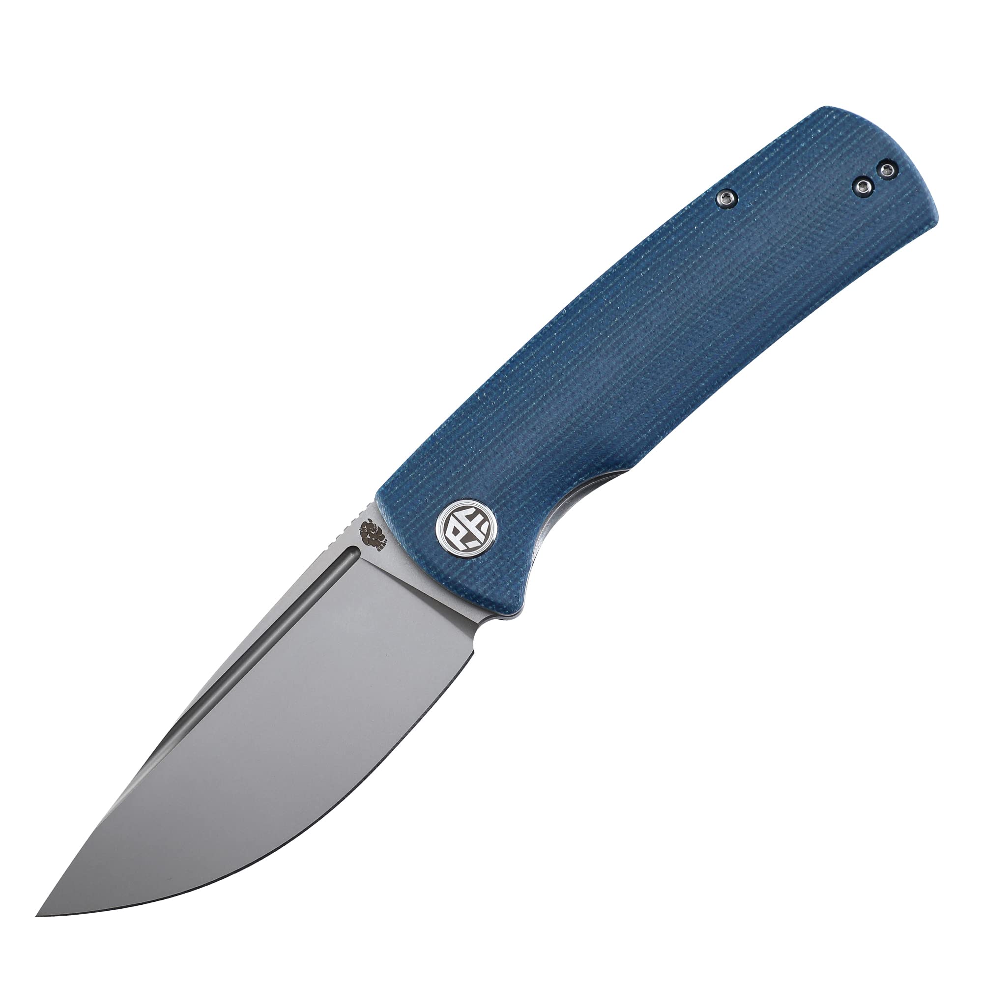 Premium K110 Steel Folding Knife - Petrified Fish PFP01 with Blue Micarta Handle | Front Flipper Design for Outdoor Camping, Survival, Hunting & EDC | Durable Sandblasted Finish