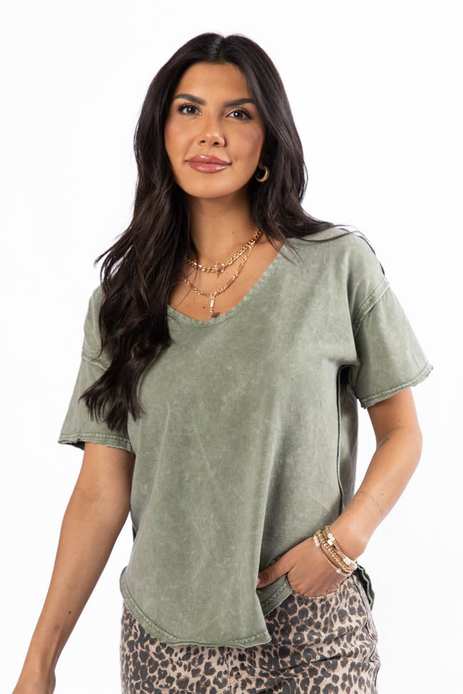 Tell Me About It Olive Acid Wash Scoop Neck Tee - Vintage Distressed Women's T-Shirt for Casual Wear & Street Style | Final Sale