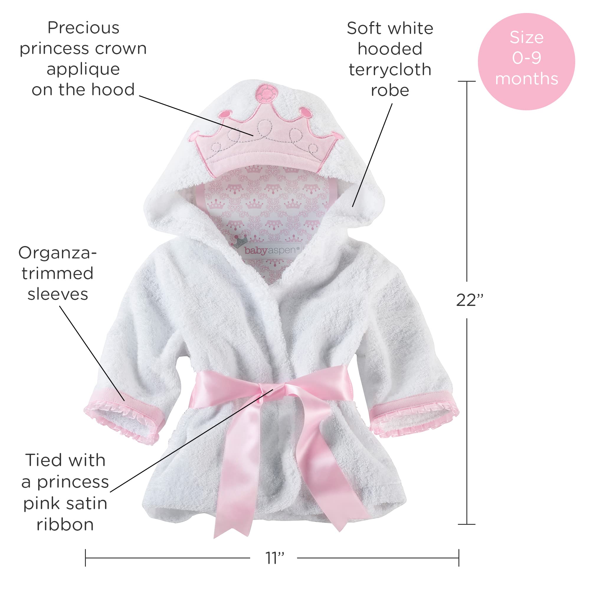 Baby Aspen Little Princess Hooded Tower Robe for Newborns 0-9 Months | Soft Baby Bath Towel & Spa Robe | Perfect for Bath Time, Swimming & Photo Shoots
