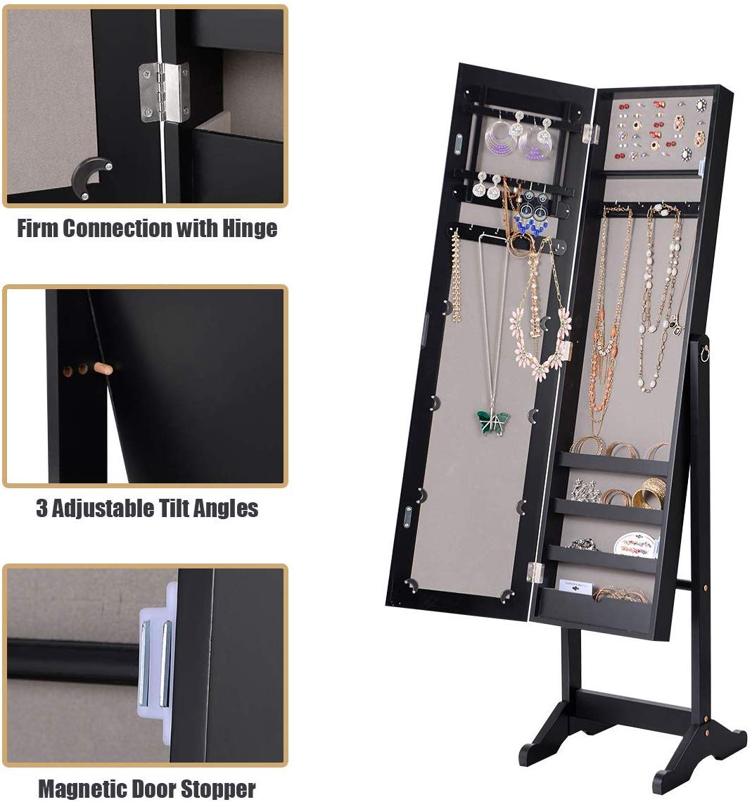 HOMGX Wooden Standing Jewelry Cabinet with Mirror - Jewelry Armoire Organizer for Necklaces, Rings & Earrings - Elegant Black Storage for Bedroom, Closet & Dressing Room