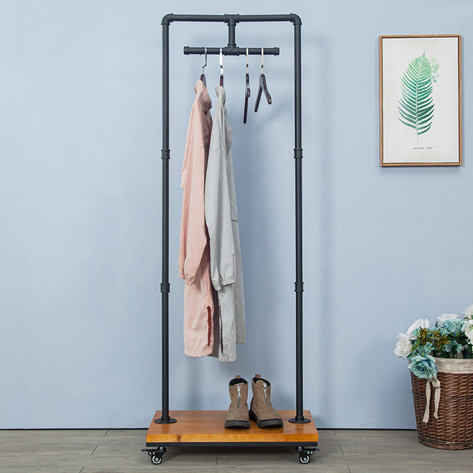 Heavy Duty Industrial Pipe and Wood Garment Rack - Metal Clothing Storage Shelves for Retail Stores, Floor Standing Display Rack with Pipeline Shelf Design - Perfect for Boutique, Closet Organization and Commercial Apparel Display (Black)