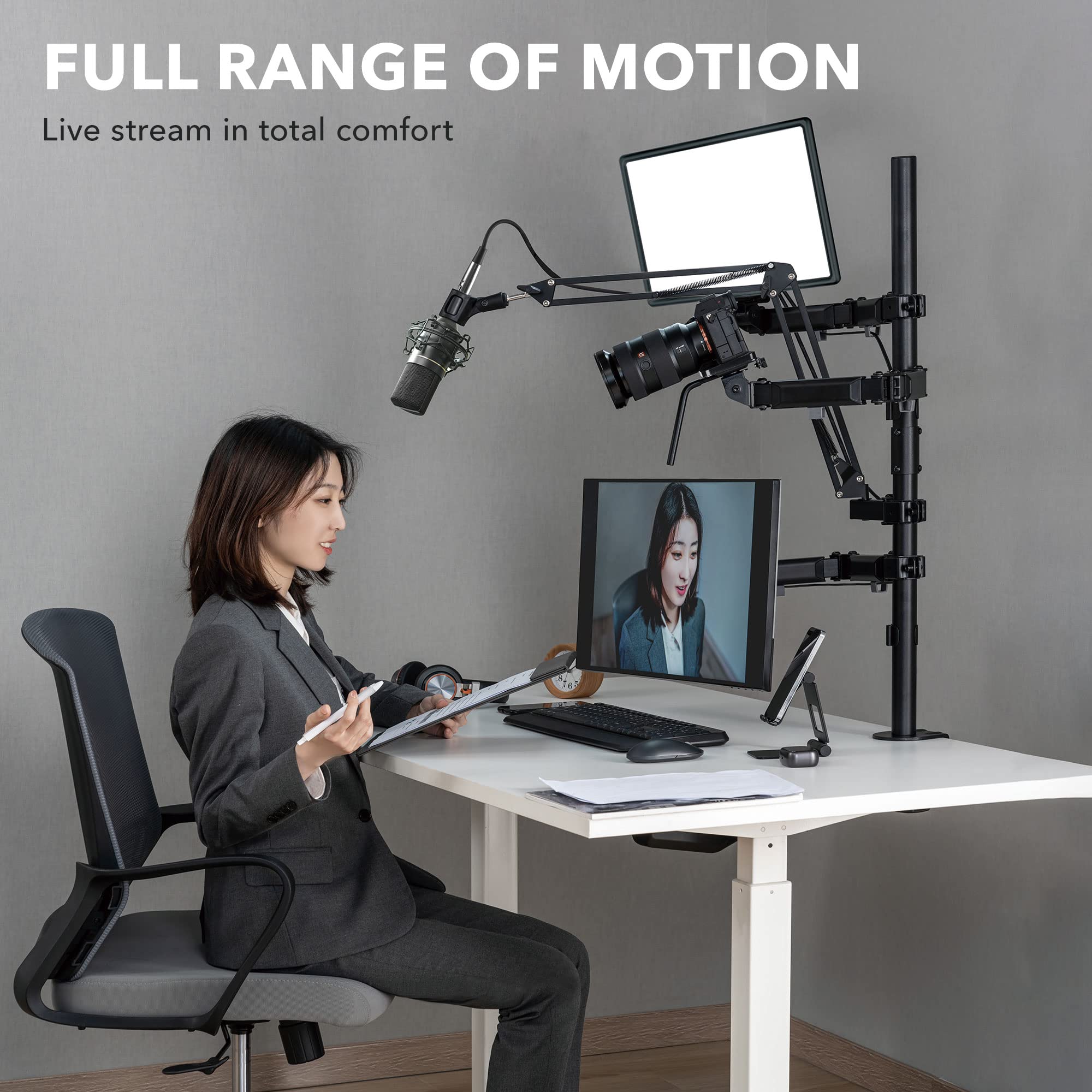 Mount-It! All-in-One Live Streaming Kit - 4 Arm Desk Mount for Monitor, Webcam & Ring Light with Microphone Stand - Perfect YouTube & Facebook Recording Setup for Gamers, Podcasters & Content Creators