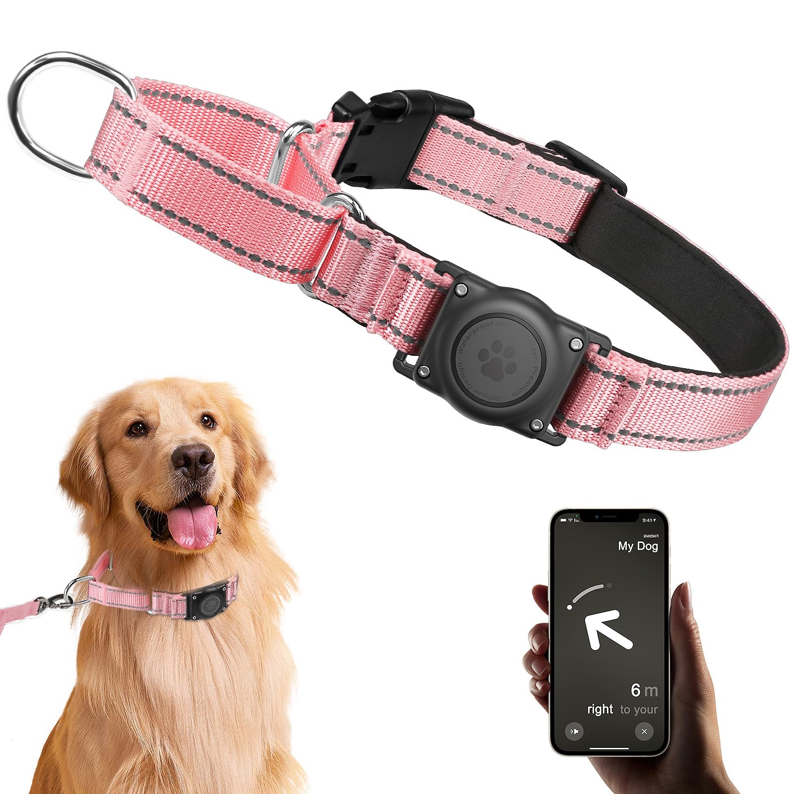 **AirTag Dog Collar - Heavy Duty Reflective Martingale Collar with Comfortable Padding, Adjustable for Medium & Large Dogs (Pink, L) - Perfect for Night Walks, Pet Safety & GPS Tracking**
