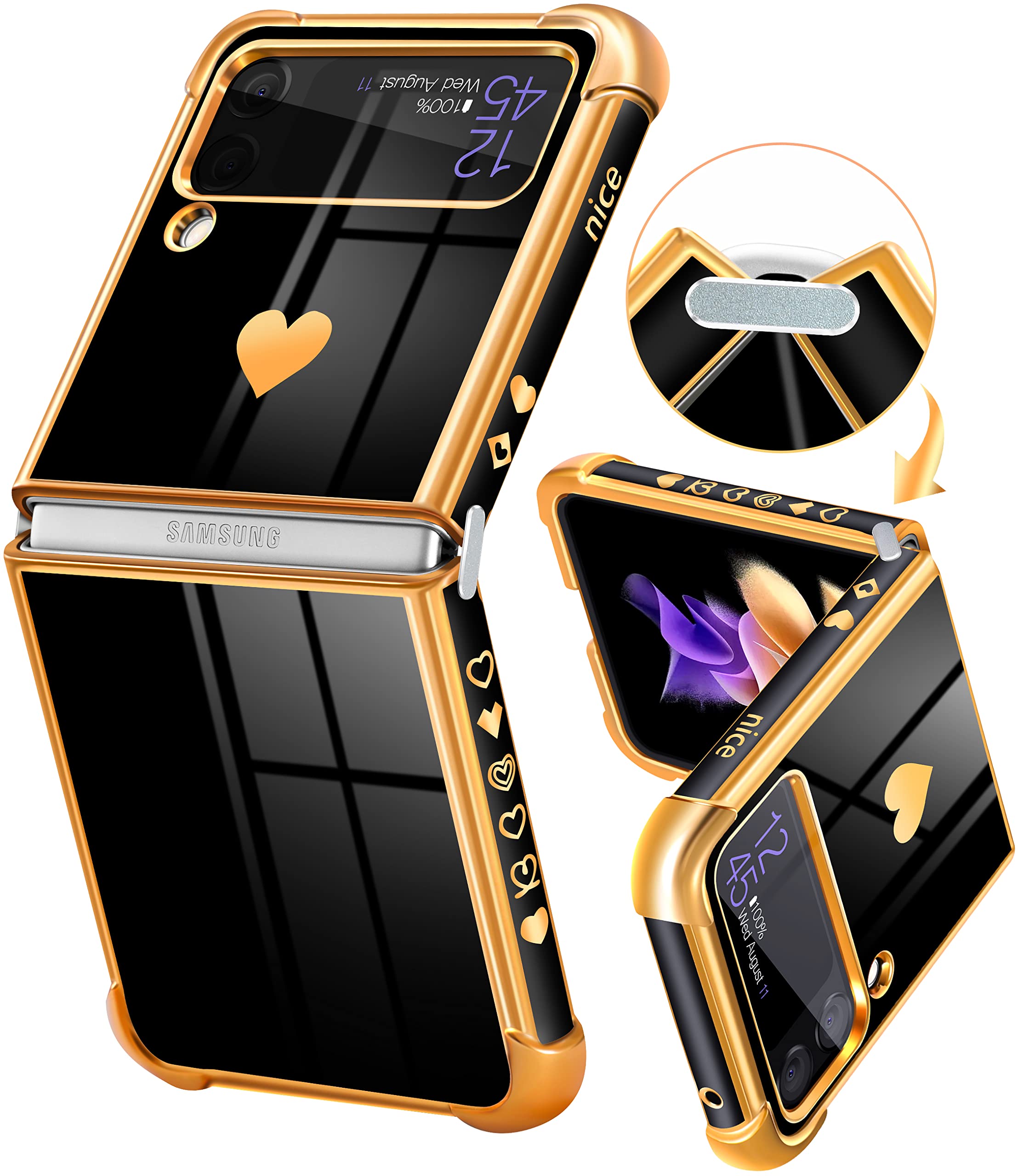 Luxury Black and Gold Plated Heart Design Phone Case for Samsung Galaxy Z Flip 4/5G 6.7