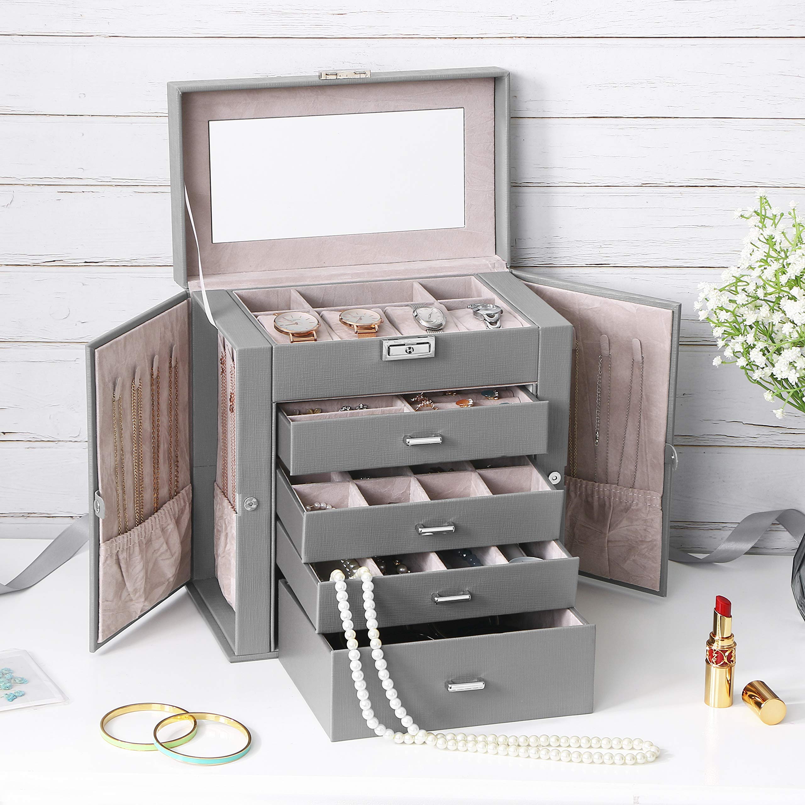 5-Tier Jewelry Box Organizer with Mirror & Lock - ANWBROAD Jewelry Storage Case for Women, 4 Drawers Jewelry Organizer, Durable Gift for Loved Ones - Perfect for Travel, Home Decor & Jewelry Protection