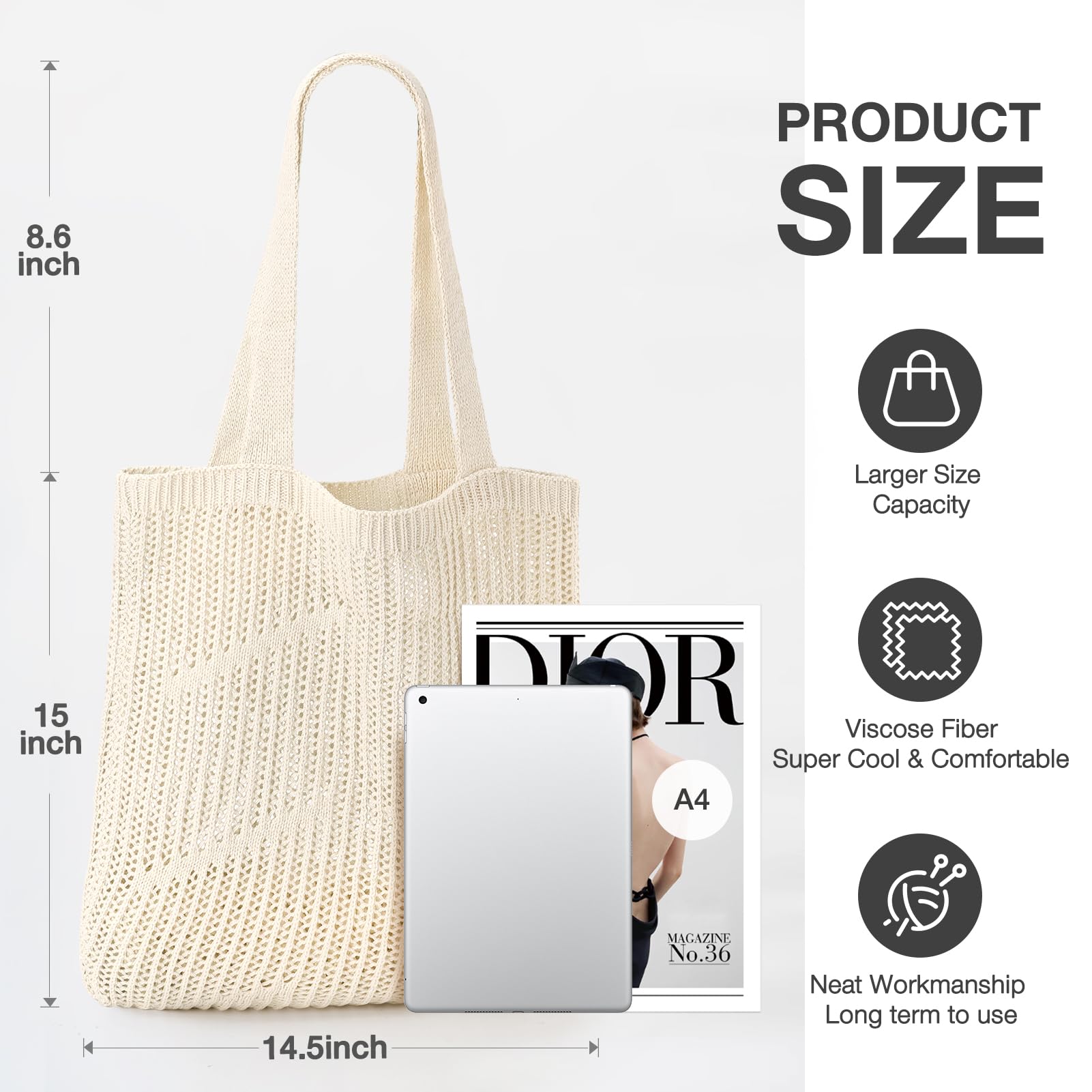 Crochet Tote Bag for Women - Large Beach Mesh Knitted Shoulder Bag with Hollow Design - Stylish Hobo Handbag for Summer Outings, Shopping, and Beach Vacations