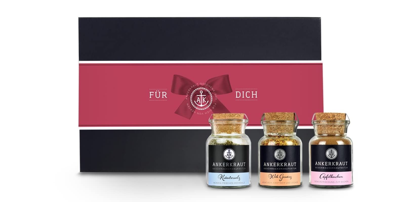 Ankerkraut Premium Gift Set for Herbs & Spices Lovers - Gourmet Salt, Wok Seasoning & Apple Pie Spice - Perfect Gift for Friends & Family - Deluxe Box with Ribbon - Ideal for Cooking, Baking & Home Decor