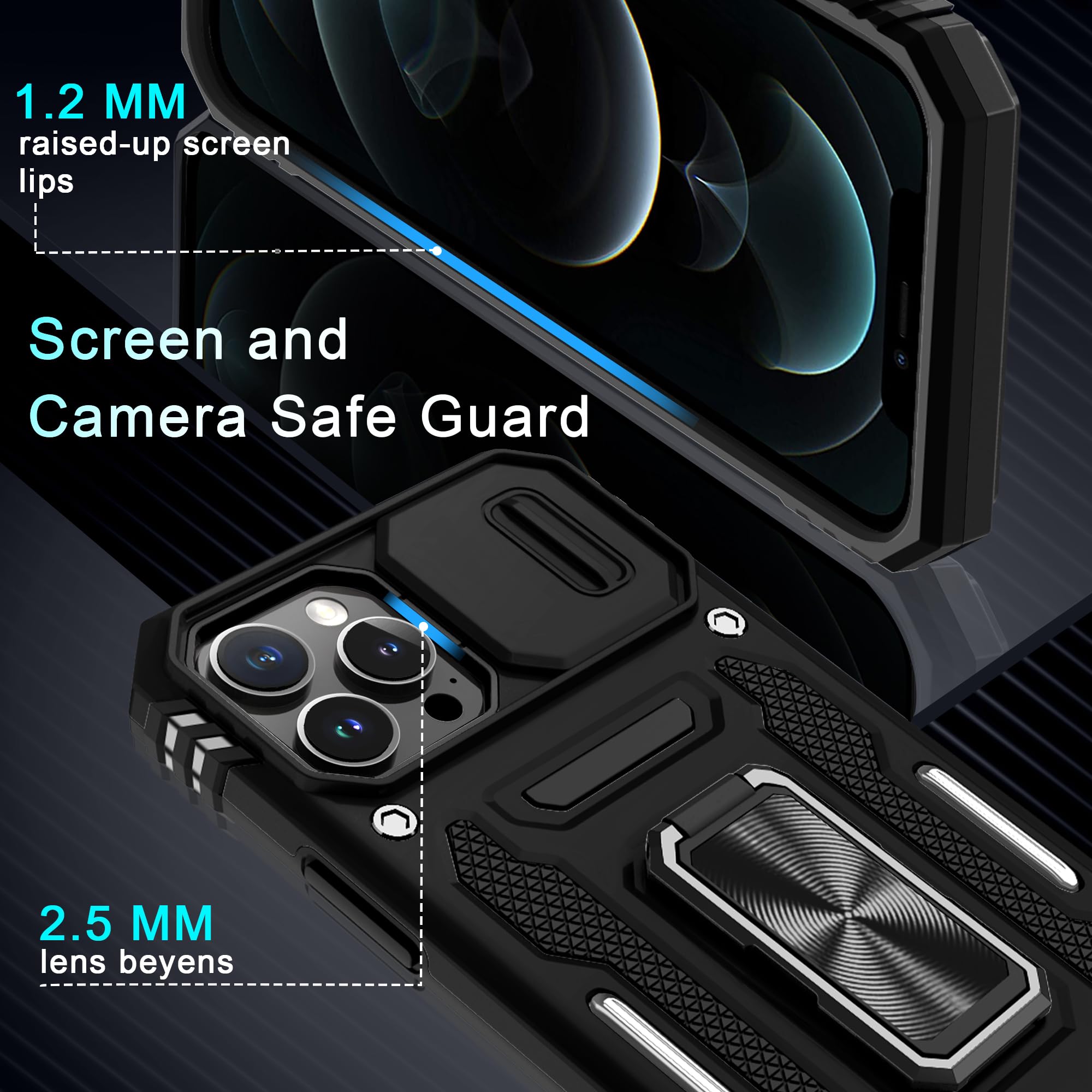DEERLAMN iPhone 12 Pro Max Case with Slide Camera Cover & Screen Protector (6.7 Inch) - Military Grade Shockproof Protective Cover with Rotating Ring Kickstand - Black | Perfect for Outdoor Activities, Travel & Daily Protection