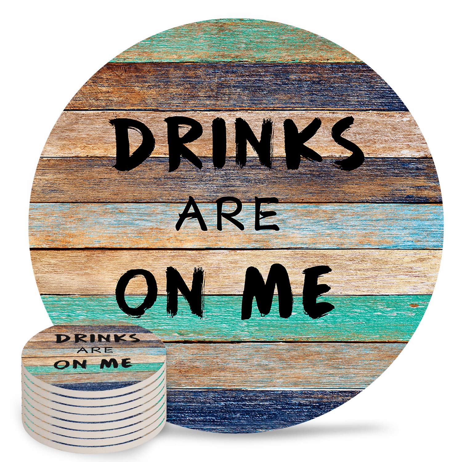 Vintage Wood Grain Ceramic Coasters Set of 8 - Absorbent Stone Round Drink Coasters with Cork Base for Cups & Mugs - Perfect for Tabletop Protection at Home Bars, Coffee Shops and Restaurants