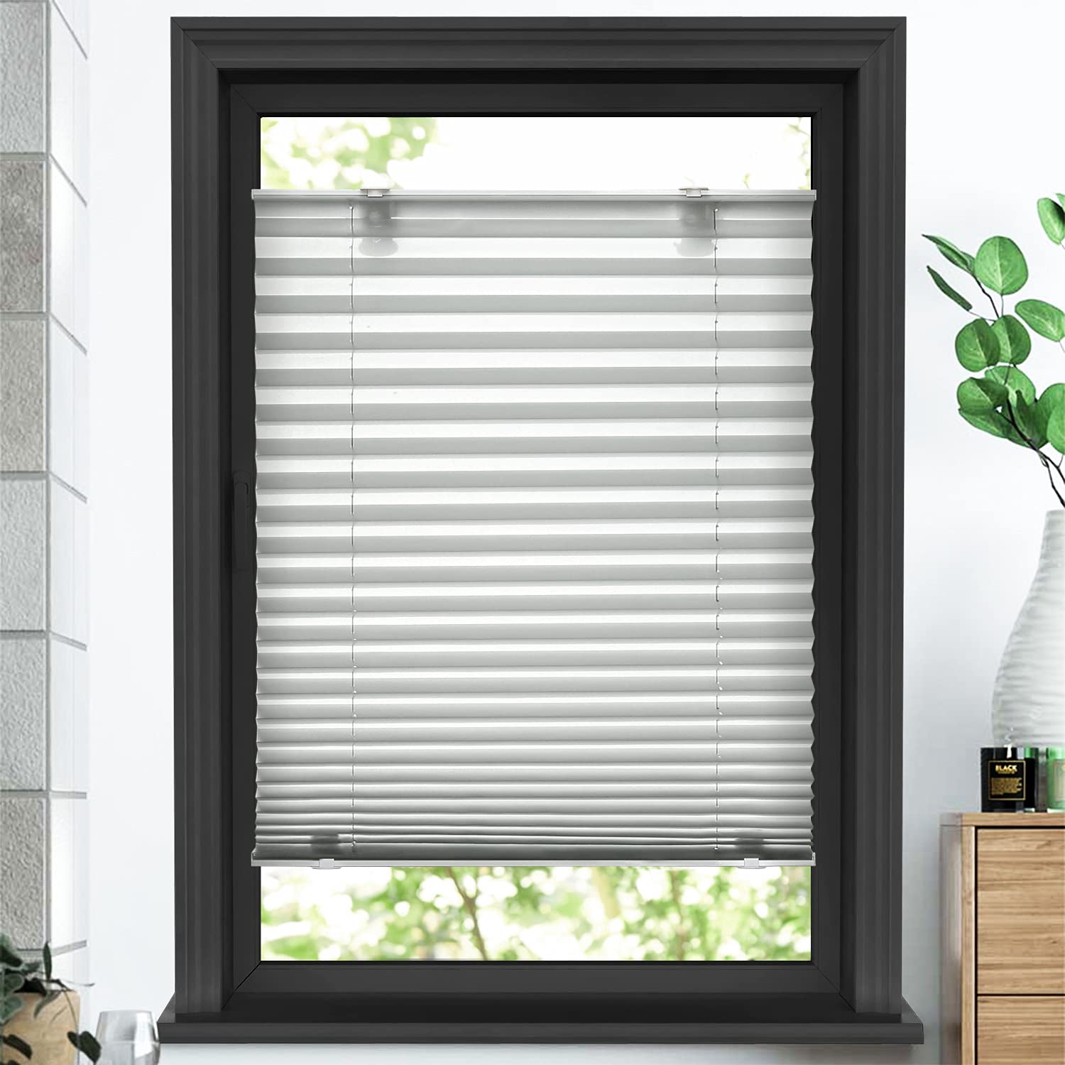 Cordless Pleated Window Shades - Tool-Free Installation with Suction Cups, Light Filtering Top Down Bottom Up Design, 39
