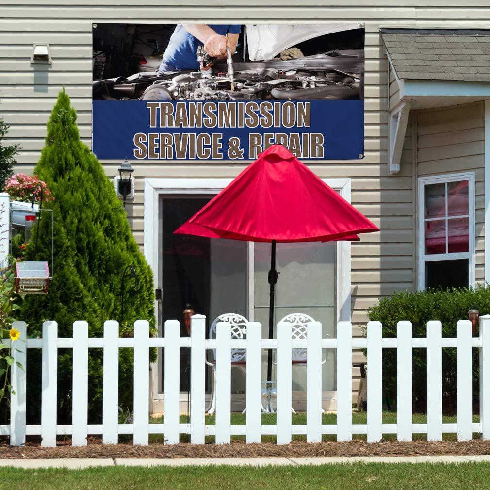 Durable Vinyl Banner for Transmission Service & Repair - Weatherproof, Industrial Yard Signs (60x144 Inches, Blue, 10 Grommets) - Perfect for Automotive Shops, Outdoor Advertising & Business Promotion