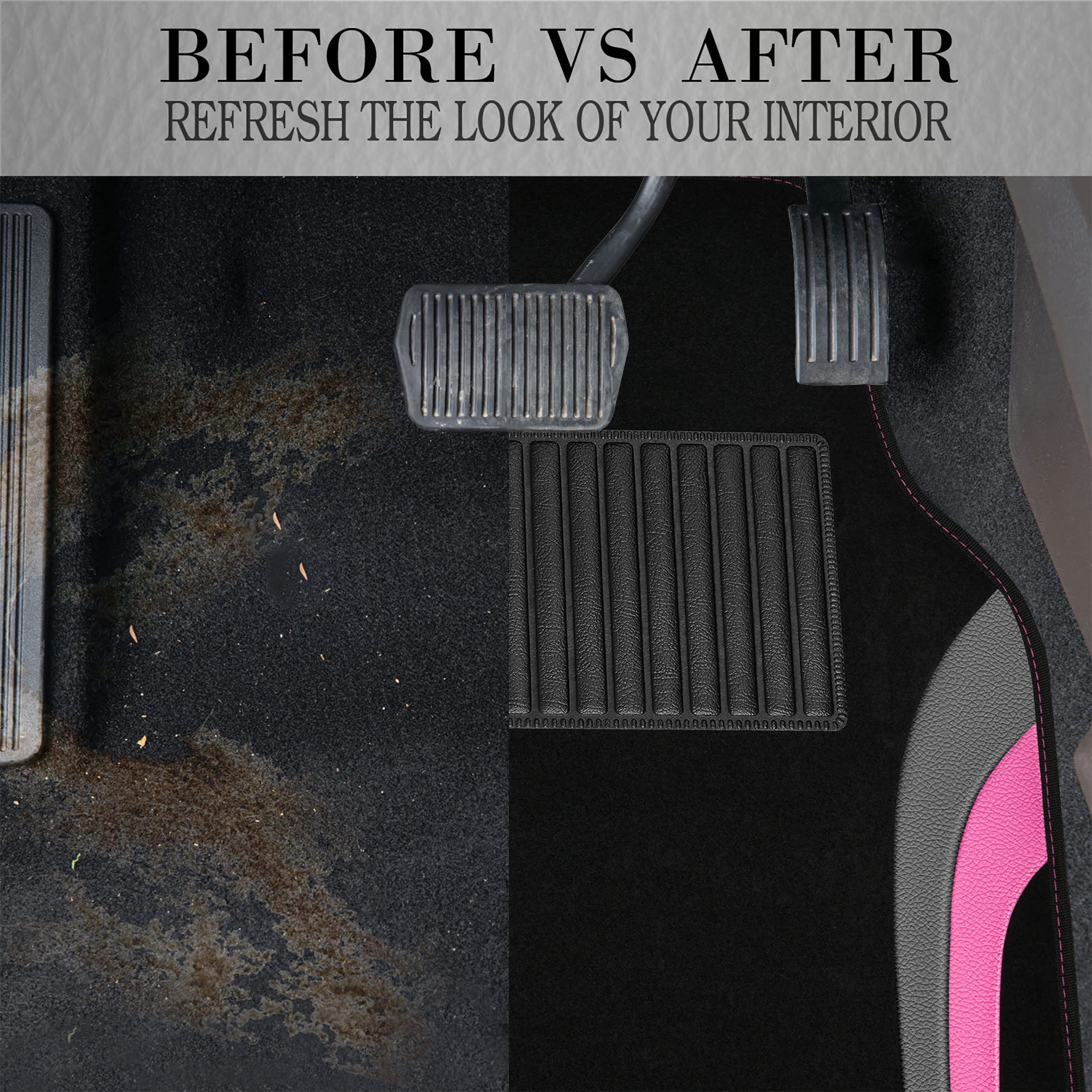 Premium CAR PASS Leather Sporty Car Floor Mats - Universal Waterproof Automotive Floor Liners for Sedans, SUVs, Trucks & Vans - 4-Piece Set (Black & Pink) - Perfect for Daily Commute, Road Trips & All-Weather Protection