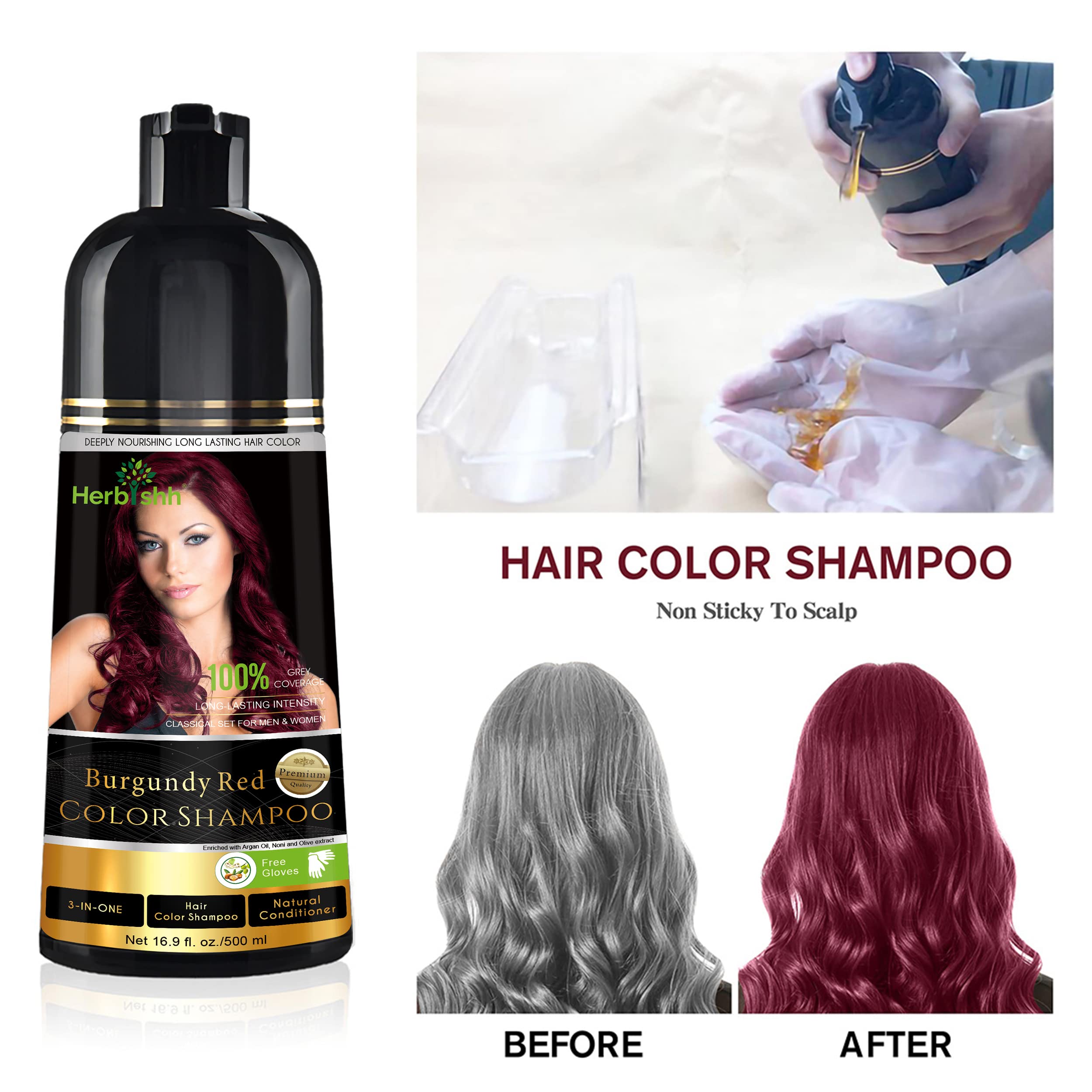 Herbishh Burgundy Hair Color Shampoo & Cream Set - 500ml Gray Hair Coverage & Natural Color Treatment | At-Home Salon Solution for Women & Men with Premature Graying