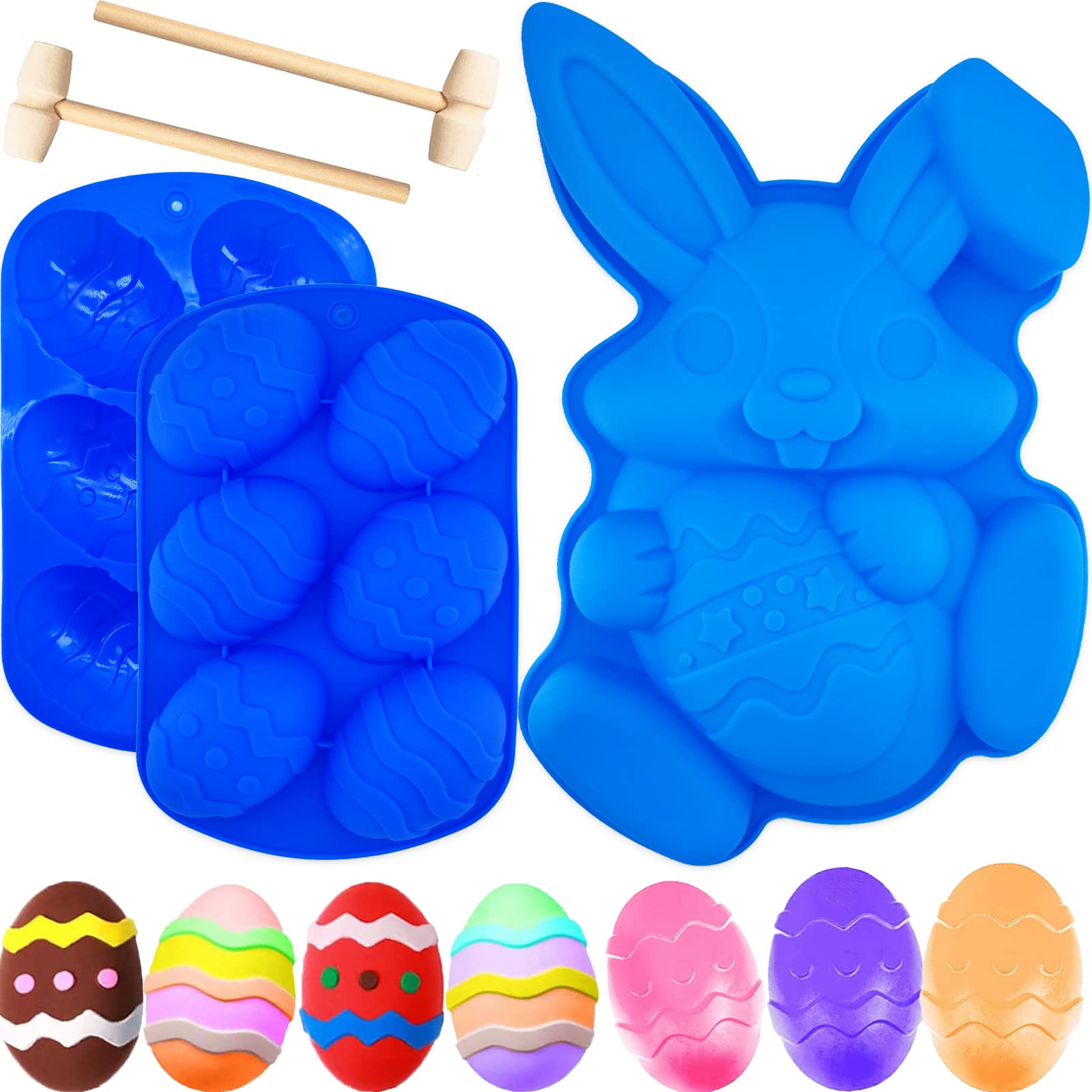 3Pcs Large Bunny Silicone Mold Set - 3D Rabbit Easter Egg Cake Chocolate Candy Jello Cocoa Bombs Baking Molds with 2 Wooden Hammers - Perfect for Easter Treats, DIY Desserts & Holiday Baking