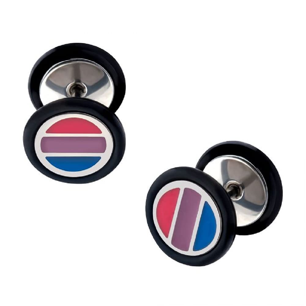 18GA Pink Purple Blue Striped Bisexual Pride Fake Plug Earrings - Hypoallergenic Surgical Steel - Pair for LGBTQ+ Pride Events, Costume Parties & Everyday Wear