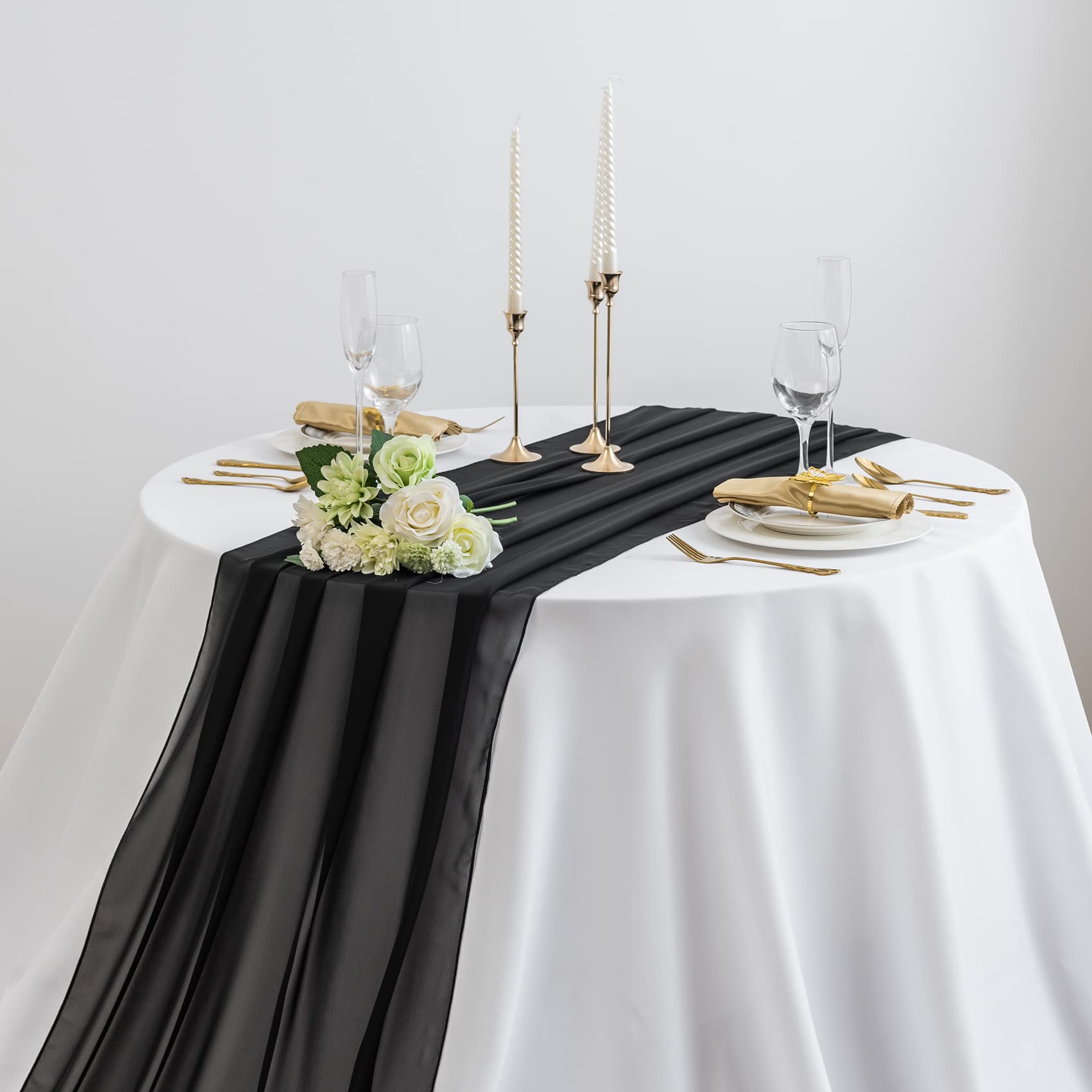 1Pack AILITI Chiffon Table Runner 29x120 Inches, Elegant Gauze Wedding Table Decor for Romantic Bridal Shower, Baby Shower, Birthday Party - Perfect for Cake Table, Dining Table & Rustic Home Decor (Black)
