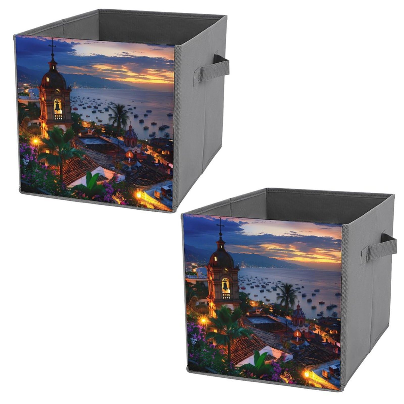2-Pack Folding Storage Cubes with Handles - Decorative Organizer Bins & Baskets for Home, Office, Closet - Perfect for Puerto Vallarta Sunset Theme Decor & Guadalupe Shrine Memorabilia Storage