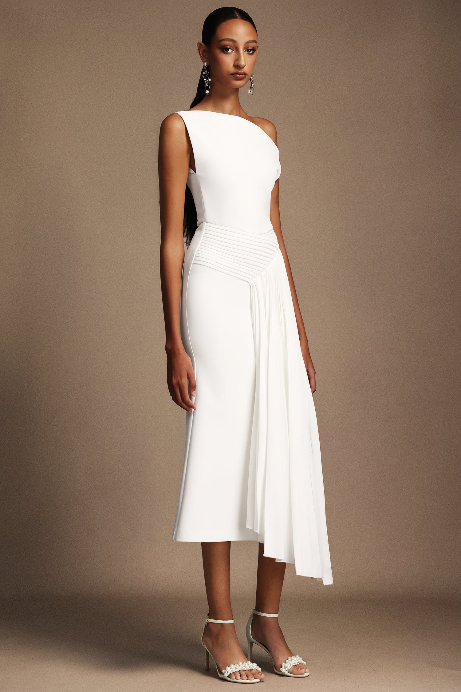 Paulina Oblique Shoulder Sleeveless Folds Midi Dress for Women - Elegant Party & Cocktail Dress for Evening Events, Weddings & Date Nights