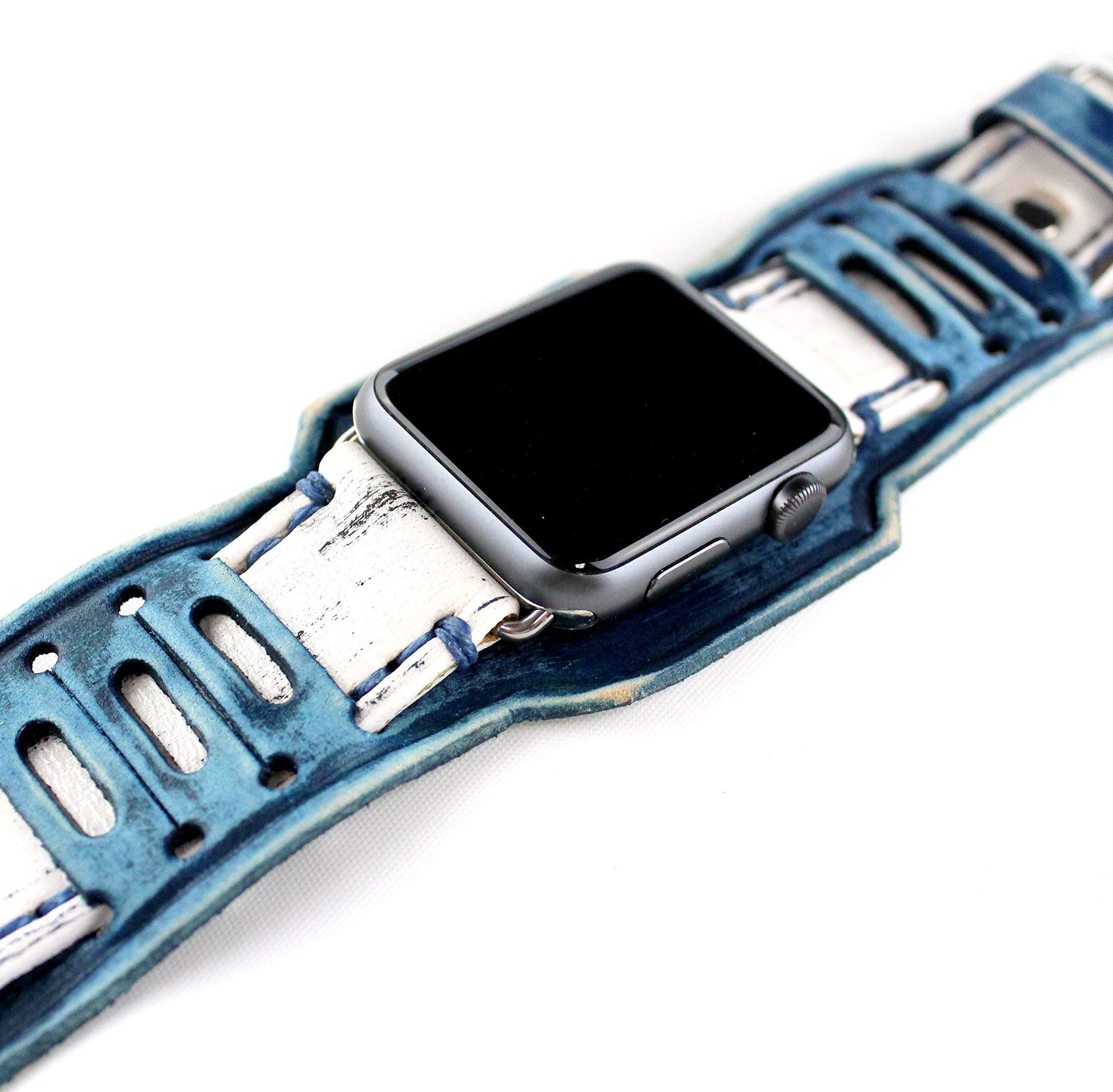 Vintage Distressed Blue and White Leather Apple Watch Band - Adjustable Cuff Strap Compatible with Series 1-10 & Ultra 1-2 | Perfect for Casual Wear, Office Style & Everyday Use