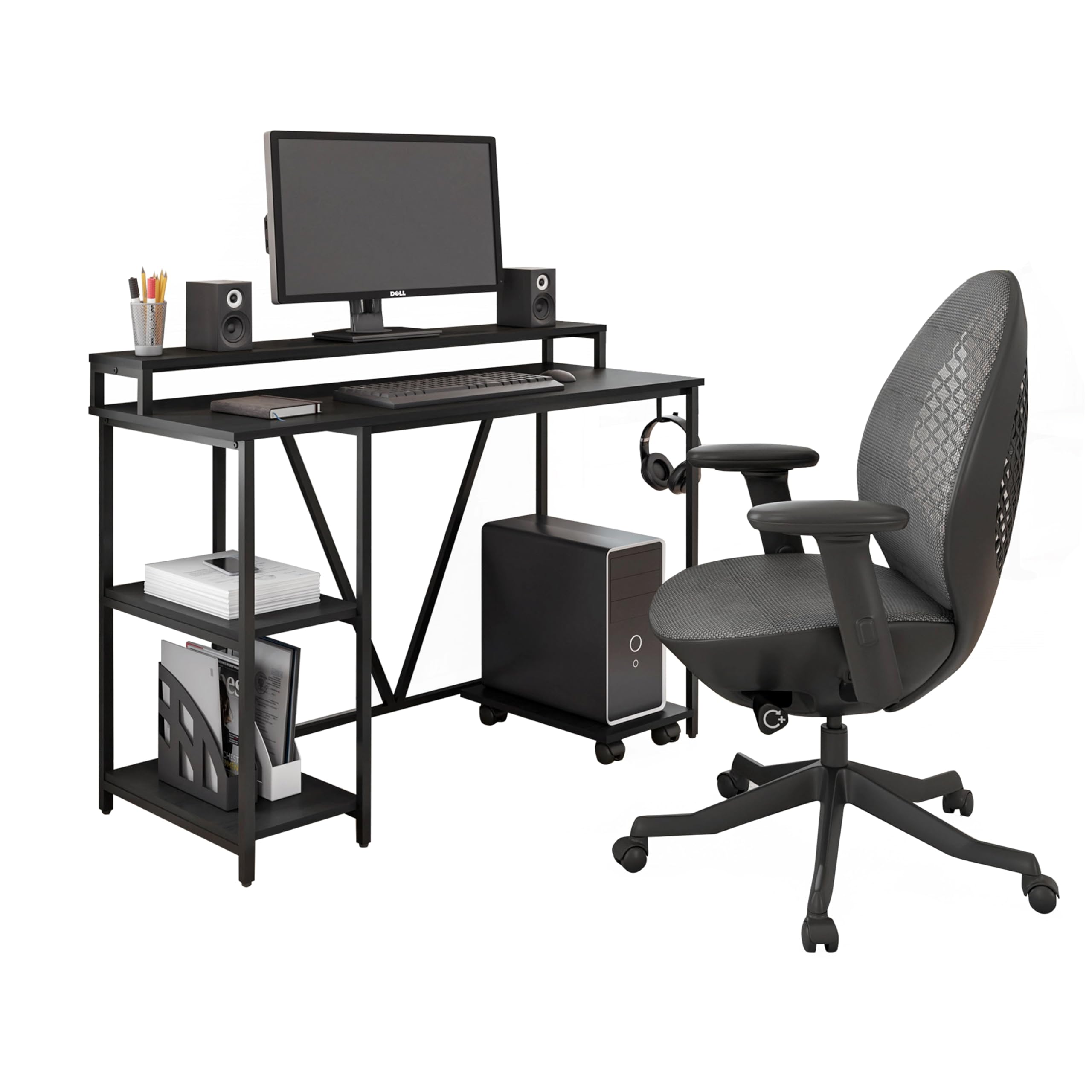 Techni Mobili Industrial Computer Desk with Storage Shelves, Monitor Stand & Accessory Holder - Home Office Laptop Table with CPU Caddy & 2-Tier Bookshelf - Perfect for Small Spaces & Modern Workstations
