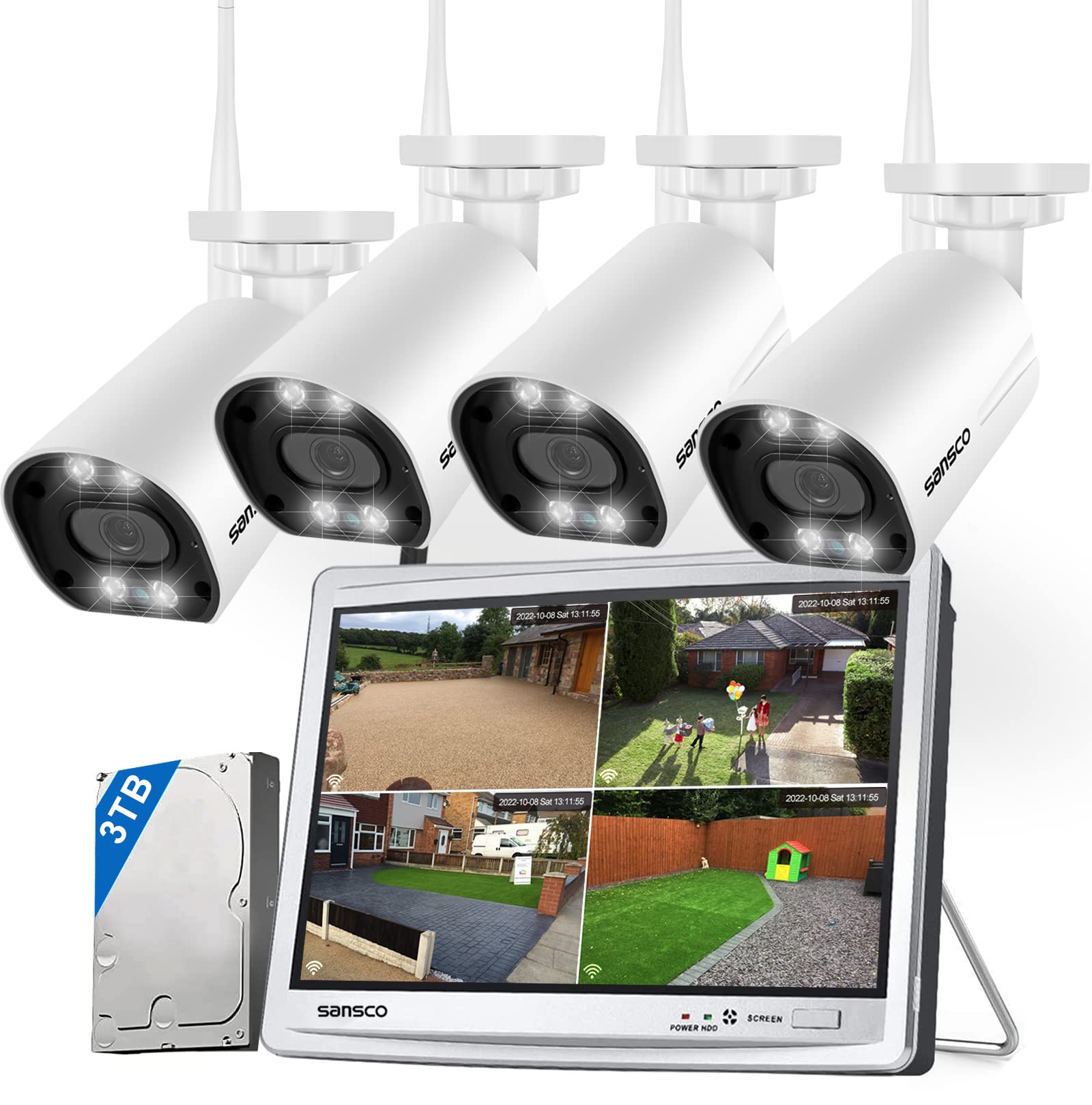SANSCO 3TB Hard Drive Wireless CCTV Camera System with 12