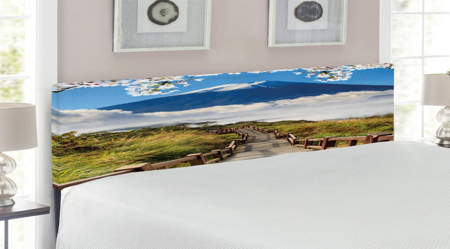Ambesonne King Size Upholstered Headboard with Memory Foam - Nature Inspired Cloudy Mountain Valley Scenic Design, Decorative Metal Bed Frame Headboard for Bedroom, Multicolor | Perfect for Master Bedroom, Guest Room & Home Decor