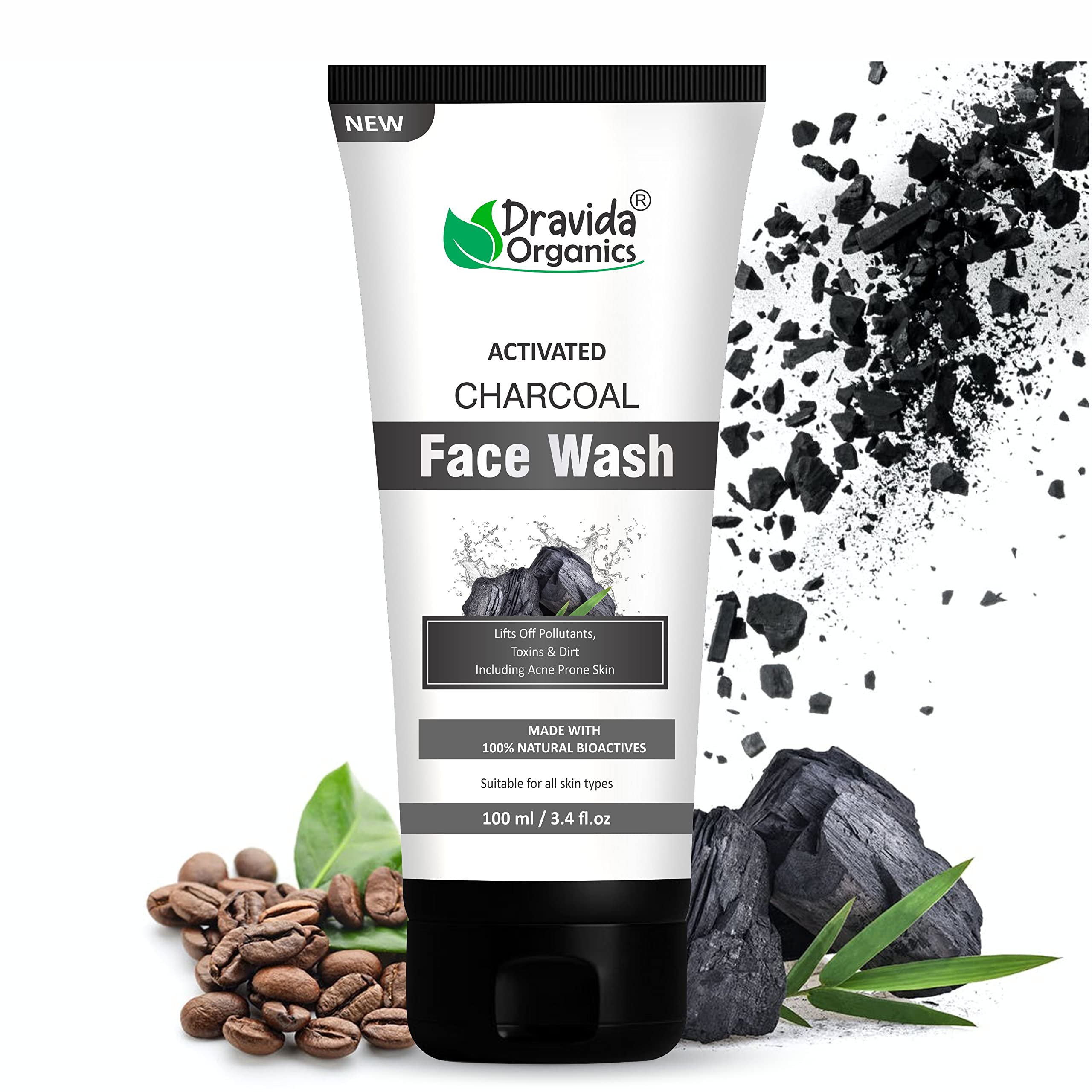 Dravida Organics Charcoal Face Wash for Oily Skin - Activated Charcoal & Coffee Infused Deep Cleansing Facial Cleanser (100ml) - Best for Acne Prone Skin & Blackhead Removal - Daily Skincare Routine
