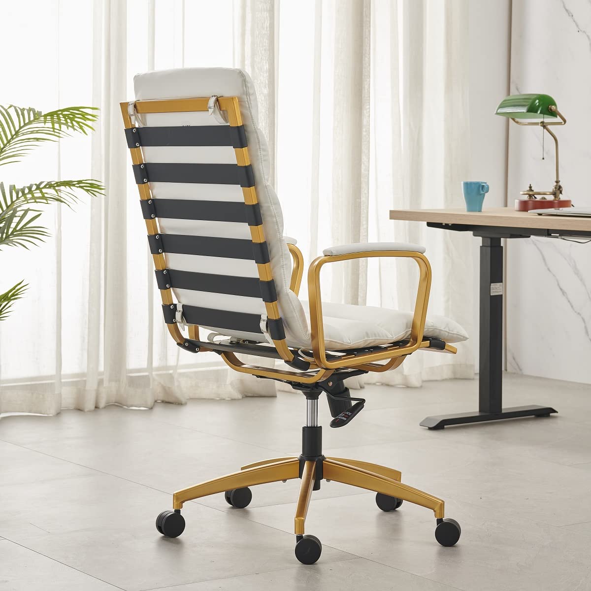 Premium White & Gold Leather Office Chair - Mid Century Modern Executive Desk Chair with Wheels - Ergonomic Rolling Chair for Home Office, Study, or Conference Room (Gold & White)