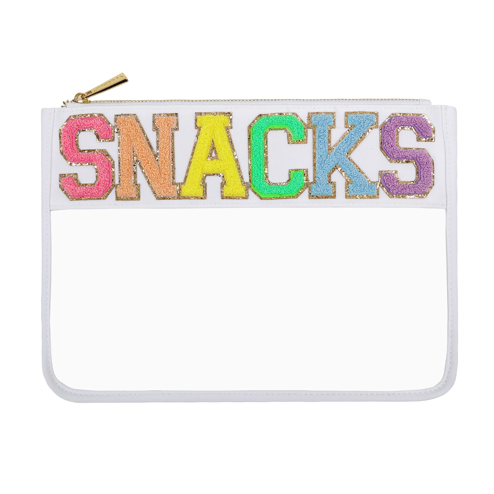 Clear Glitter Chenille Snack Bags for Travel - Reusable Zipper Pouch for Snacks, Candy, Jewelry & Essentials - Perfect Women's Gift (White) - Great for Road Trips, Airplane Snacks & Daily Organization