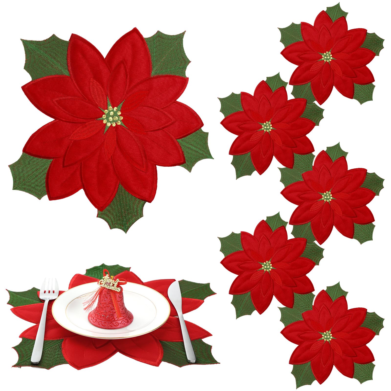 6 Pcs Christmas Poinsettia Embroidered Placemats - Double Layer Holiday Table Mats with Red Applique for Dining Table Decor, Christmas Party, and Festive Home Decoration