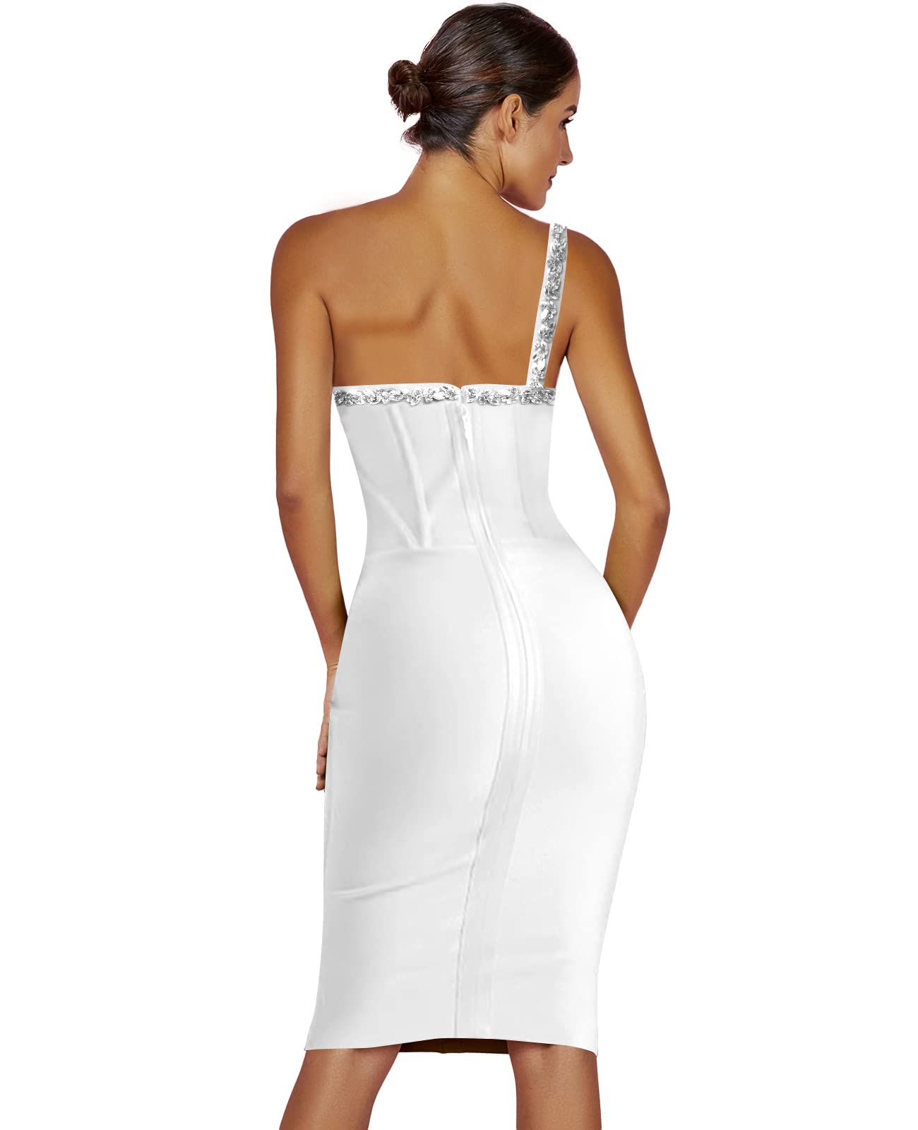 Maketina Women's Rhinestone One Shoulder Bandage Midi Dress - Sexy Bodycon Cocktail Party Dress for Night Out, Club, Date Night & Special Occasions