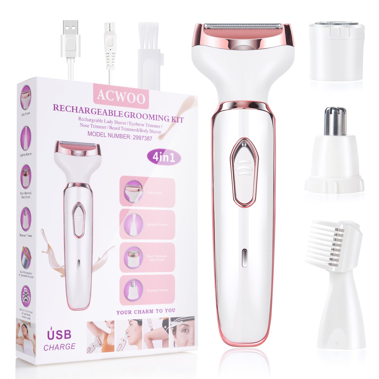 ACWOO 4-in-1 Electric Razor for Women - Painless Bikini Trimmer, Facial Hair Remover, Nose & Underarm Shaver with USB Charging | Perfect for Travel, Gym & Sensitive Skin Care