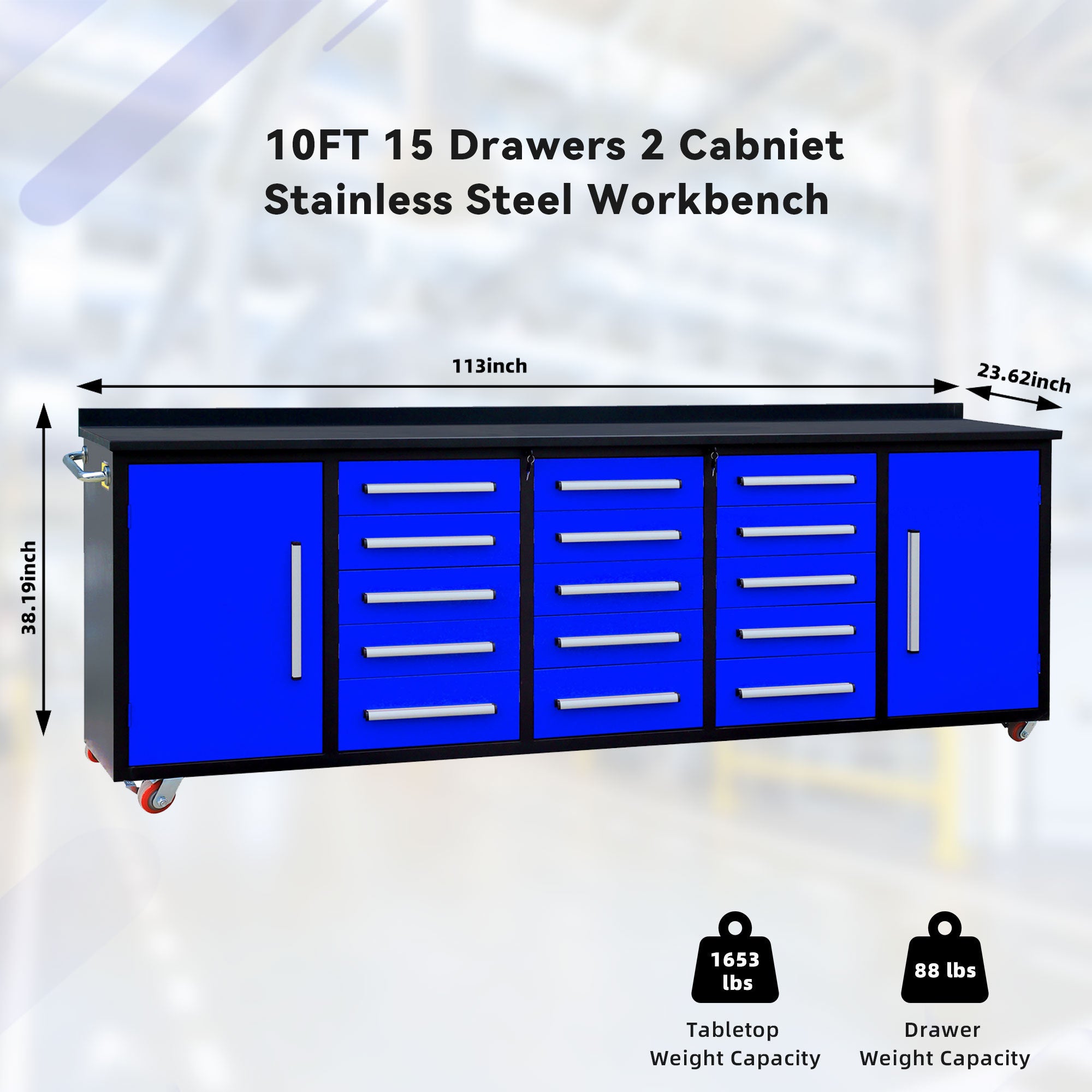 10ft Heavy Duty Storage Cabinet with Work Bench - 15 Drawers & 2 Cabinets, Blue - Perfect for Garage Organization, Workshop Storage & Home Office Furniture