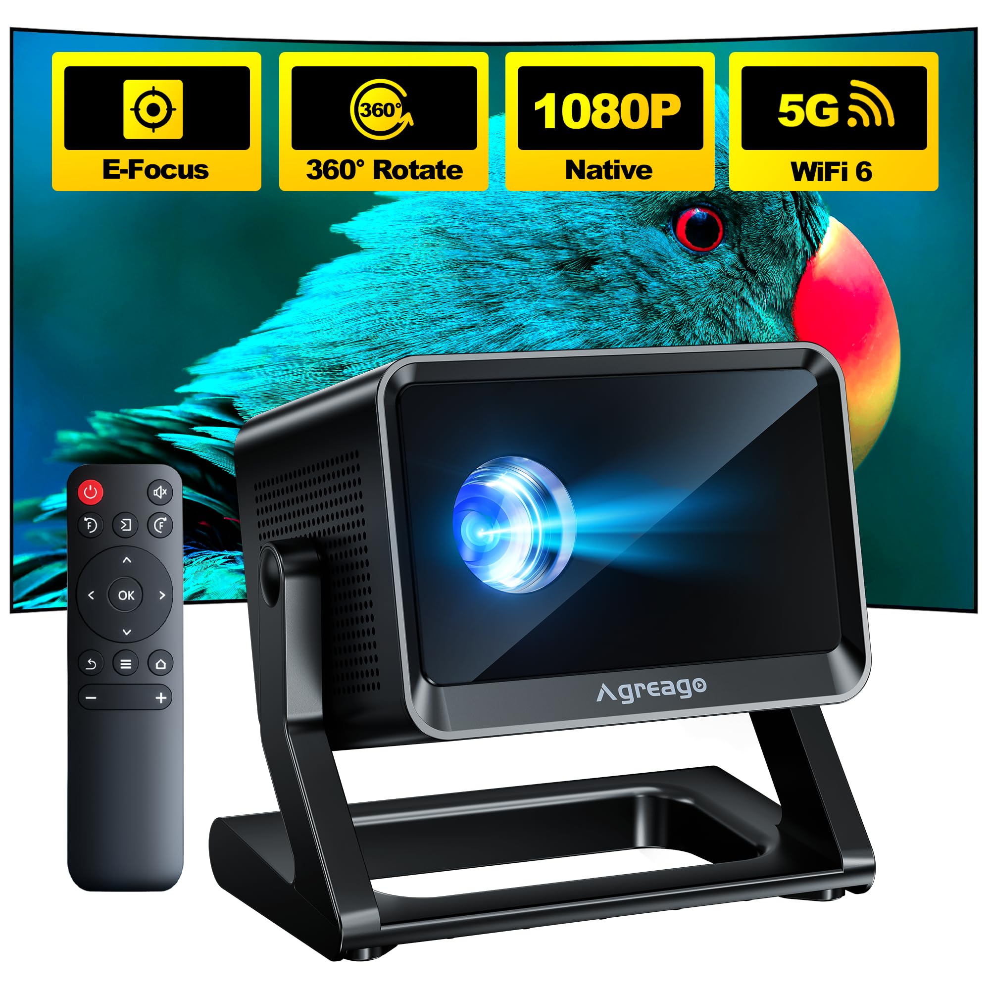 360° Adjustable Stand WiFi Bluetooth Projector - 4K & 1080P HD Portable Outdoor Movie Projector with WiFi 6 | Compatible with iPhone, Android, TV Stick, HDMI, USB, AV | Perfect for Home Theater, Camping, Backyard Movies & Office Presentations