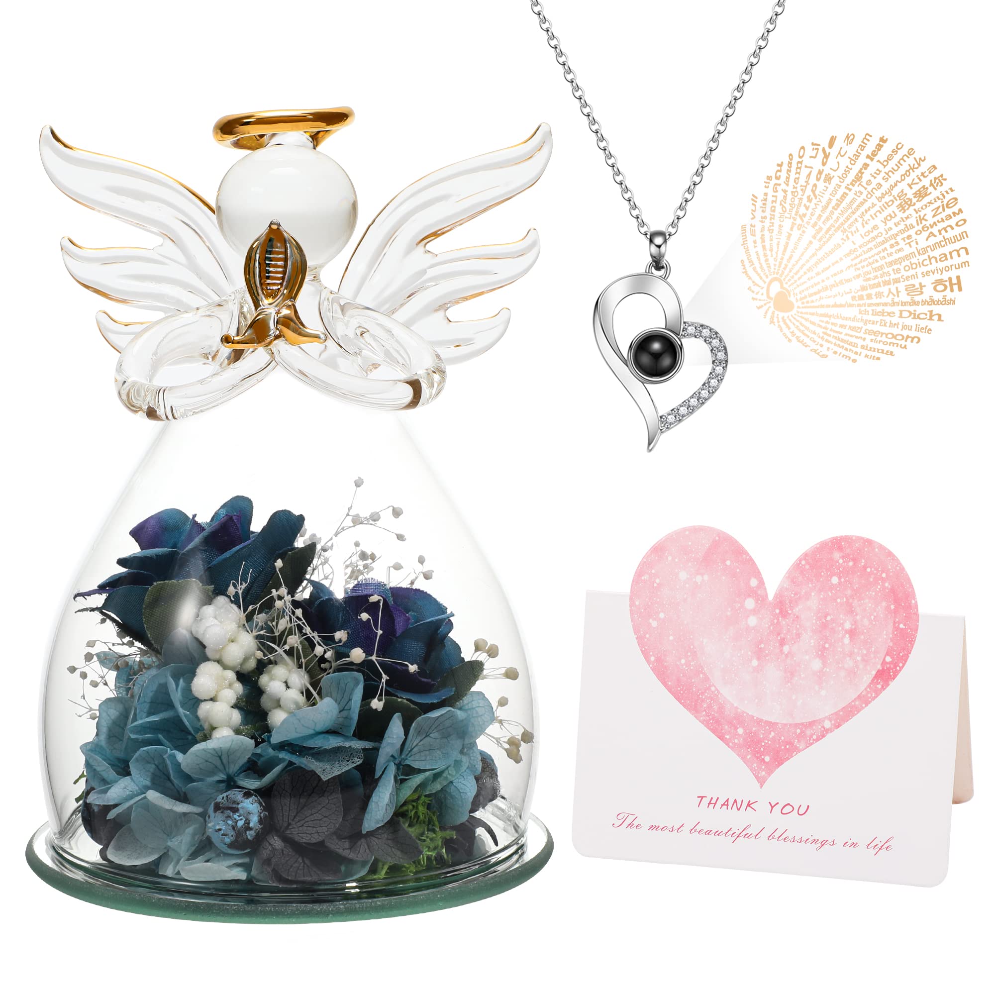 Angel Glass Figurine with Immortal Flower - Elegant Gift for Women, Mothers, Valentine's Day, Christmas & Birthdays (Blue Purple) - Perfect for Home Decor, Wedding Favors & Special Occasions