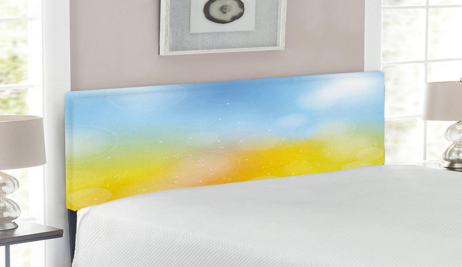 Ambesonne Queen Size Upholstered Headboard - Pastel Yellow & Blue Gradient Design with Memory Foam, Decorative Metal Bed Frame for Autumn Season | Perfect for Master Bedroom, Guest Room & Cozy Home Decor