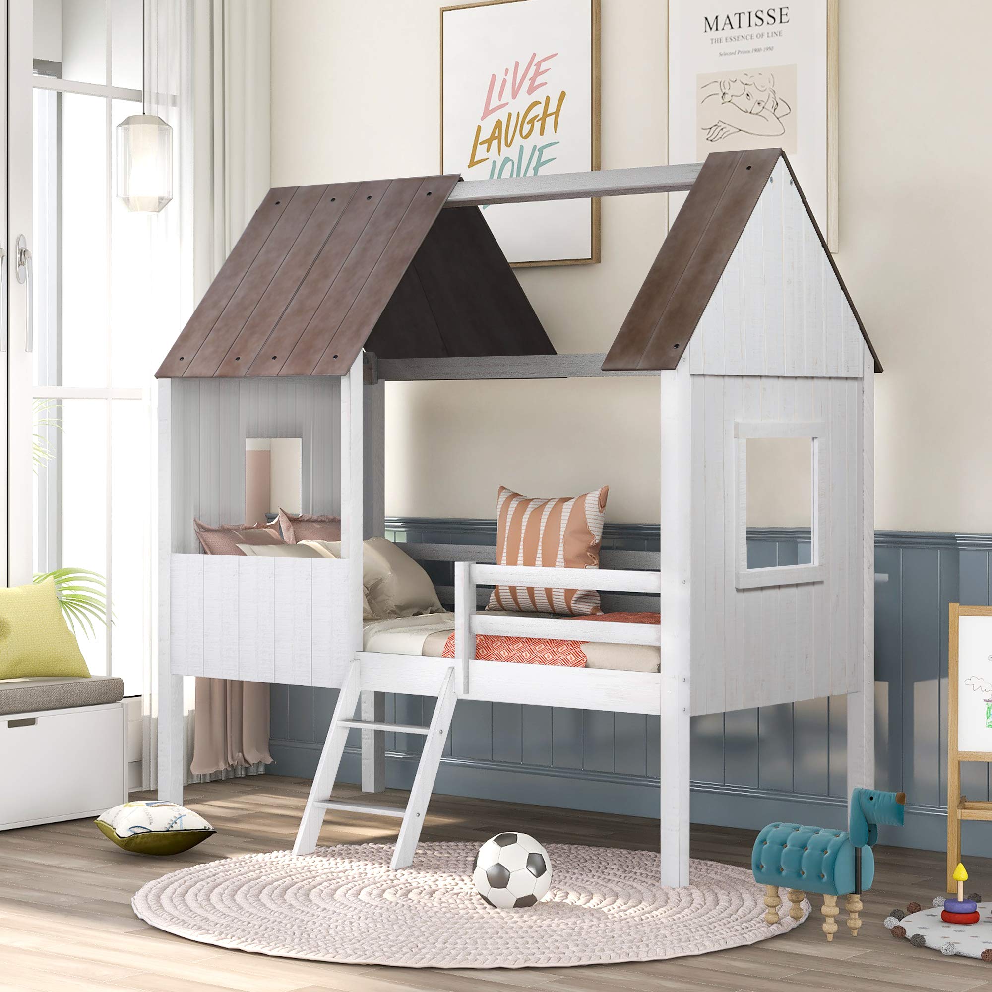 **Twin Size Low Loft Bed for Kids - Wooden House Bed Frame with Side Windows, Roof & Full-Length Safety Rails - Sturdy Ladder Included (Antique White) - Perfect for Small Bedrooms, Playrooms & Sleepovers**