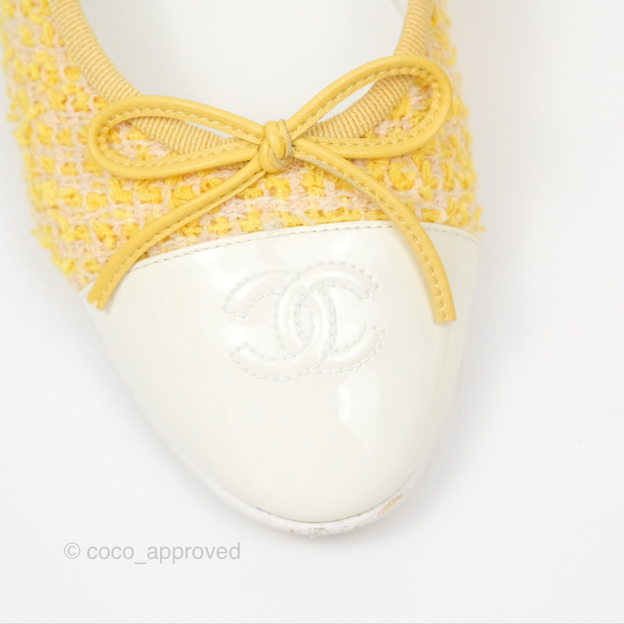 Chanel Ballerina Flats in Yellow Tweed with White Accents - Women's Size 37 (US 7) | Classic Comfortable Ballet Shoes for Work, Date Night & Casual Outings