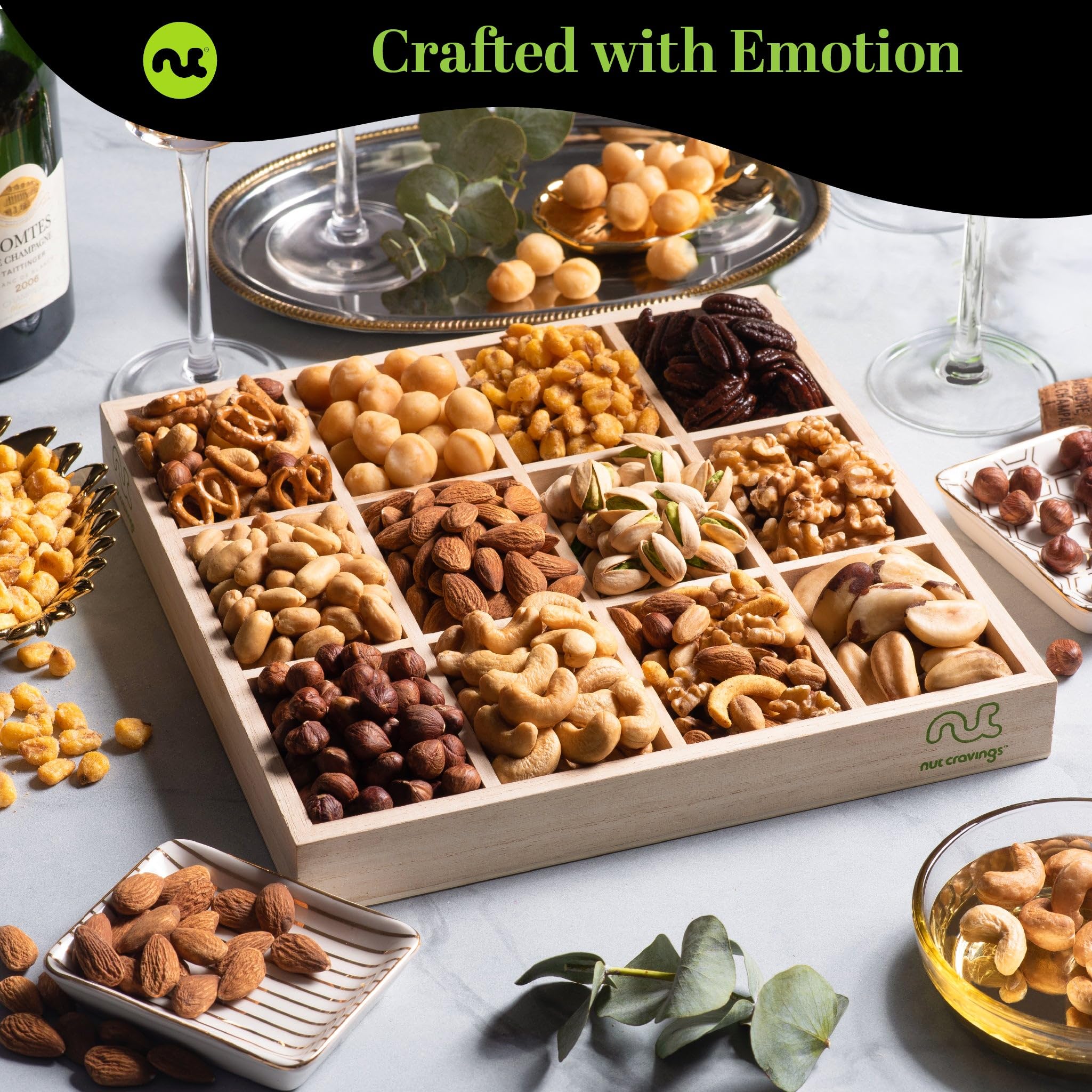 Premium Gourmet Nut Gift Basket - 12 Assortment Kosher Nuts with TY Ribbon & Greeting Card in Reusable Wooden Tray | Thank You Food Platter, Corporate Gifts, Holiday Present, Care Package for Friends & Family