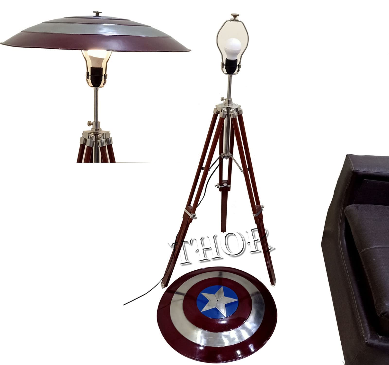 THOR INSTRUMENTS Captain Classic America Wood Tripod Floor Lamp - Nautical Vintage Home Decor Lighting for Living Room, Bedroom & Office - Rustic Industrial Style Gift Idea