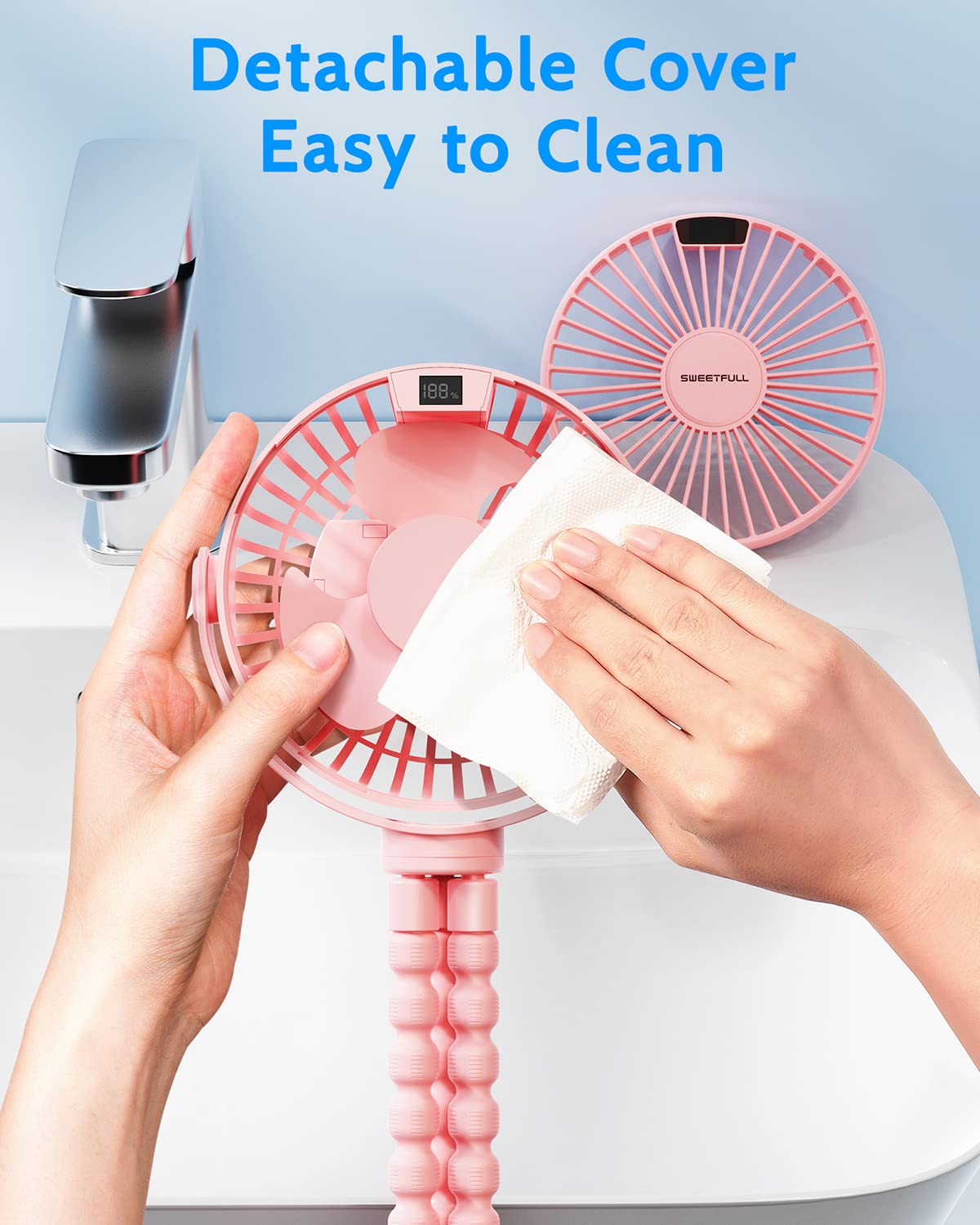 SWEETFULL Portable Stroller Fan with LED Display - 4000mAh Rechargeable Battery, 4 Speed Mini Clip Fan - Handheld Personal Cooling Fan for Baby Stroller, Car Seat, Crib, Office Desk, Treadmill & Travel - Pink (Ideal for Outdoor Activities, Home & Office Use)