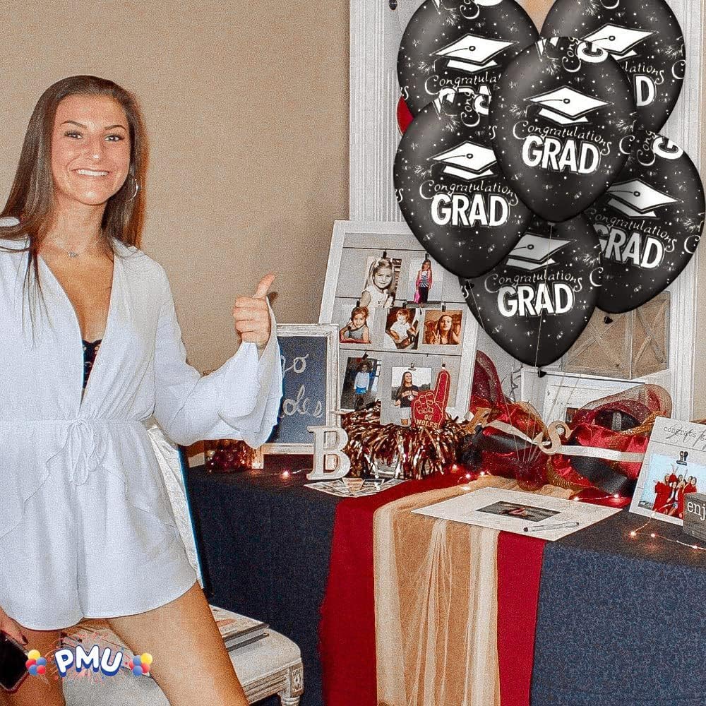 PMU Premium Black Graduation Balloons with All-Over Print White Graduation Caps, Confetti & Streamers - 25 Pack Latex Party Balloons for Graduation Decorations, Photo Backdrops & Celebration Events