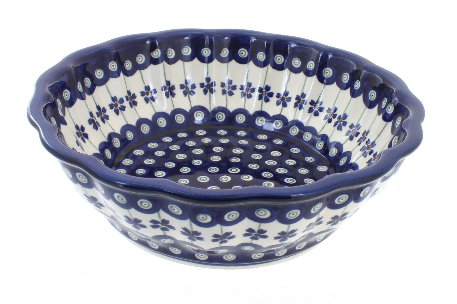 Handmade Blue Rose Polish Pottery Peacock Design Large Scalloped Bowl - Elegant Serving Dish for Dining, Home Decor & Gift Giving